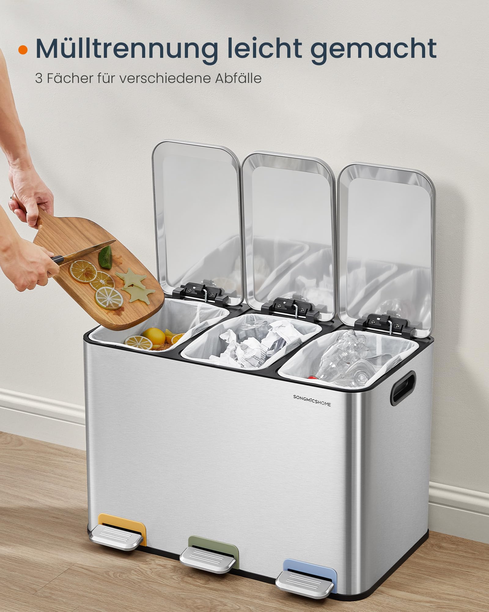 SONGMICS HOME Mülleimer Küche, 3 x 15 L Fächer, Abfalleimer mit farbcodierbaren Pedalen, Mülltrennsystem, mit Deckeln und Inneneimern, Stahl, metallicsilber LTB740E45V1