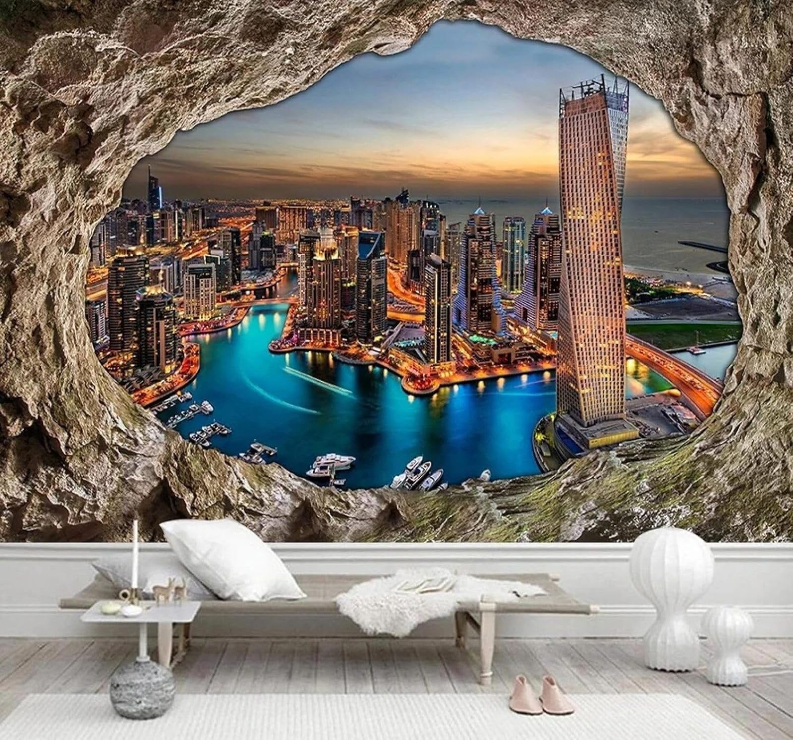 XLMING Cave Stone Wall City Nightscape Restaurant Café 3D Wallpaper Luxury Home Dining Decor Paste Sofa Living Room The Wall for Bedroom Mural-250cm×170cm