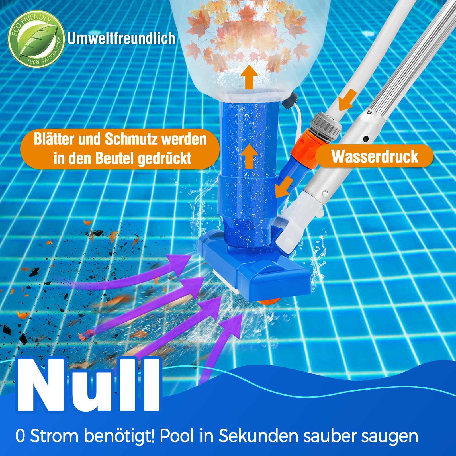 140cm Pool-Reinigungsset, Schwimmbecken-Saugreiniger mit 5-teiligem Teleskopstab, Pool-Pflegeset inklusive Reinigungsnetz, Teichsauger mit großvolumigem Skimmernetz Schmutzbeseitigung