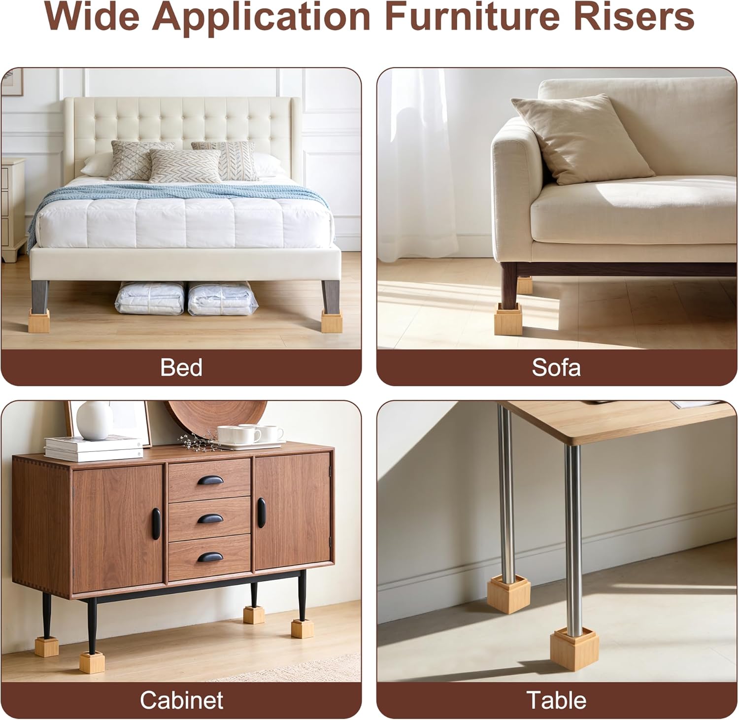 4 Inch Bamboo Bed Risers, 2000 LBS Heavy Duty Furniture Leg Risers with Anti-Fall Edge, Height Extenders Support Blocks for Bed Sofa Desk Table, 4-Pack Natural