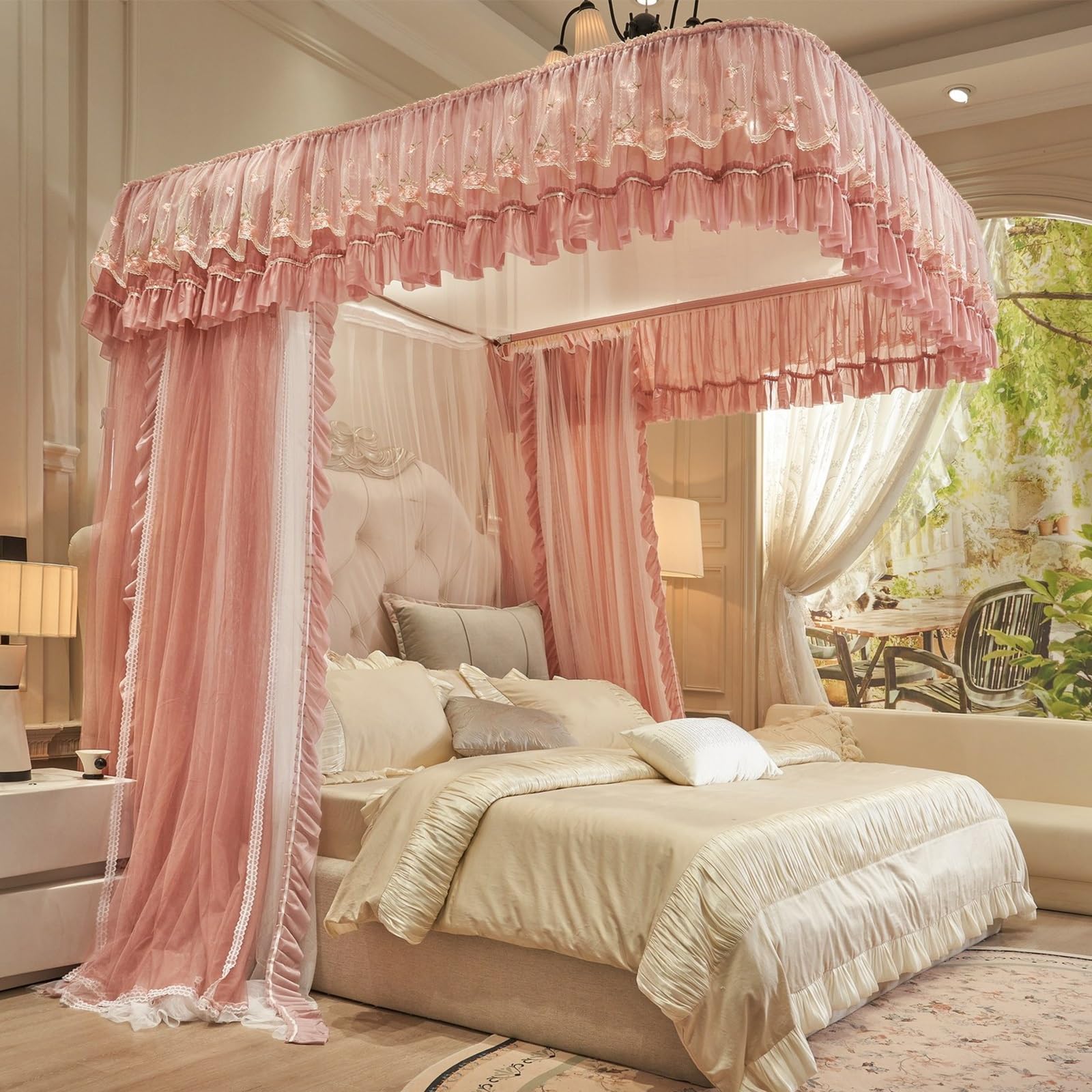 SARKEY U-Shaped Rail Bed Canopy Curtain,Lace Up Ruffle Princess,Adults Bedroom(PK,180x200x210cm(71"x79"x83"))