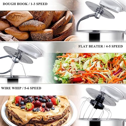 Miniatura 2 de Batidora de pie de 5 cuartos de galón, mezclador de alimentos de cabeza inclinable de 6+P, mezclador de masa de 300 W con cuenco de acero