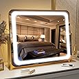 19.6"x15.7" Vanity Mirror with Lights, Large Lighted Mirror, LED Makeup Mirror with 3-Color Dimmable Modes and Smart Touch Control, Perfect for Desk or Bedroom, Vanity Desk Tabletop Makeup, Gold
