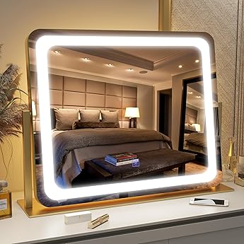19.6"x15.7" Vanity Mirror with Lights, Large Lighted Mirror, LED Makeup Mirror with 3-Color Dimmable Modes and Smart Touch Control, Perfect for Desk or Bedroom, Vanity Desk Tabletop Makeup, Gold