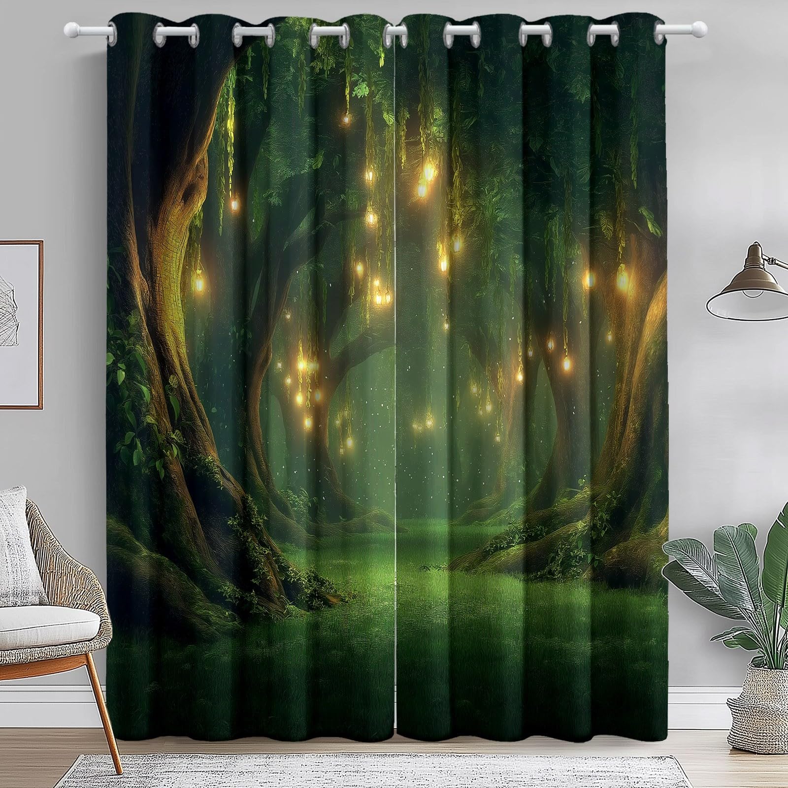 Marzycielskie światła w lesie zasłony z nadrukiem 140 cm x 240 cm (2 panele) zasłony sypialnia pokój dziecięcy młodzież izolowane termicznie zasłony okienne zielone