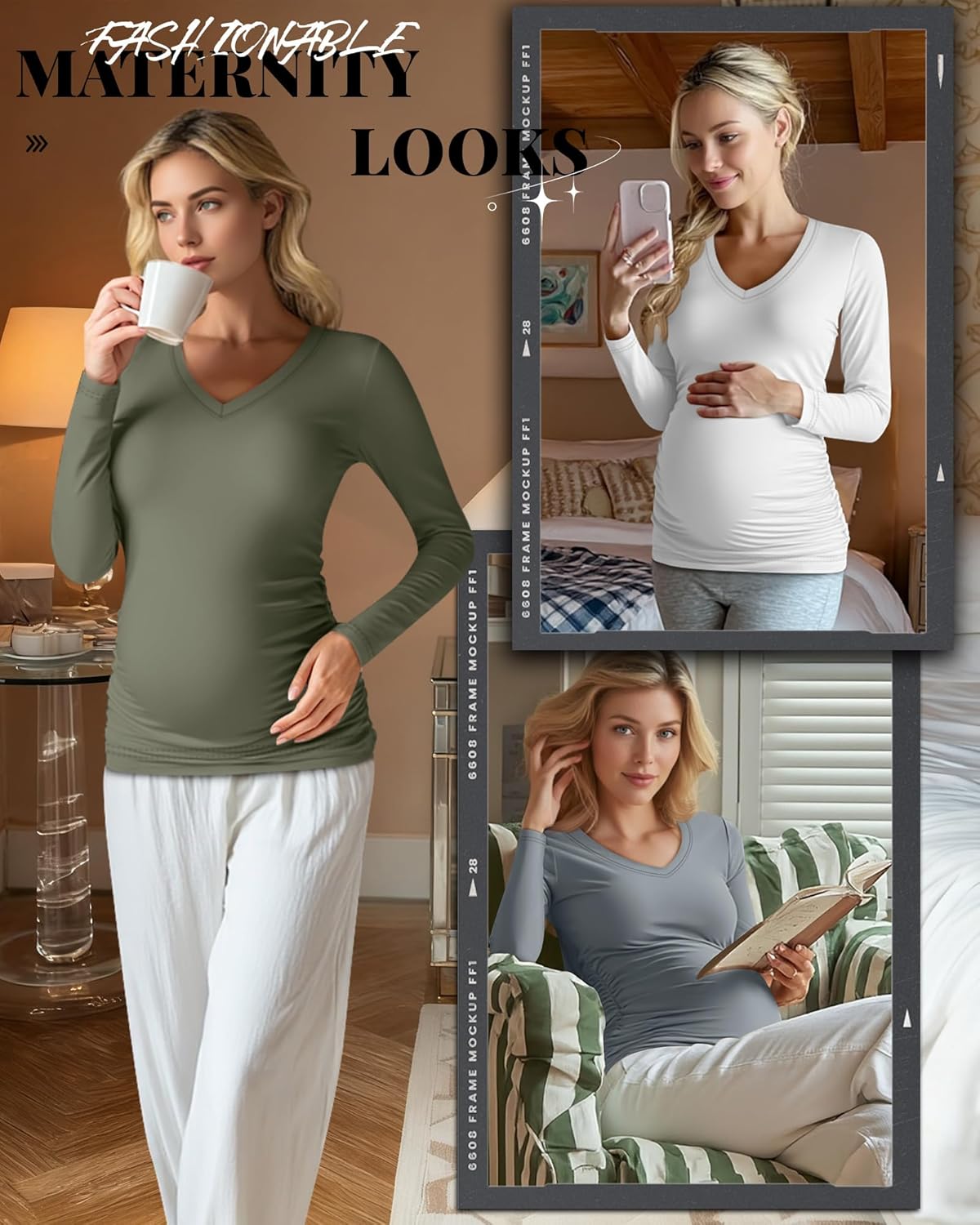 Huukeay 4 Pack Women's Maternity Shirts Long Sleeve V Neck Pregnancy Tops Side Ruched Casual Mama Clothes Basic Tunic T-Shirt - Image 2