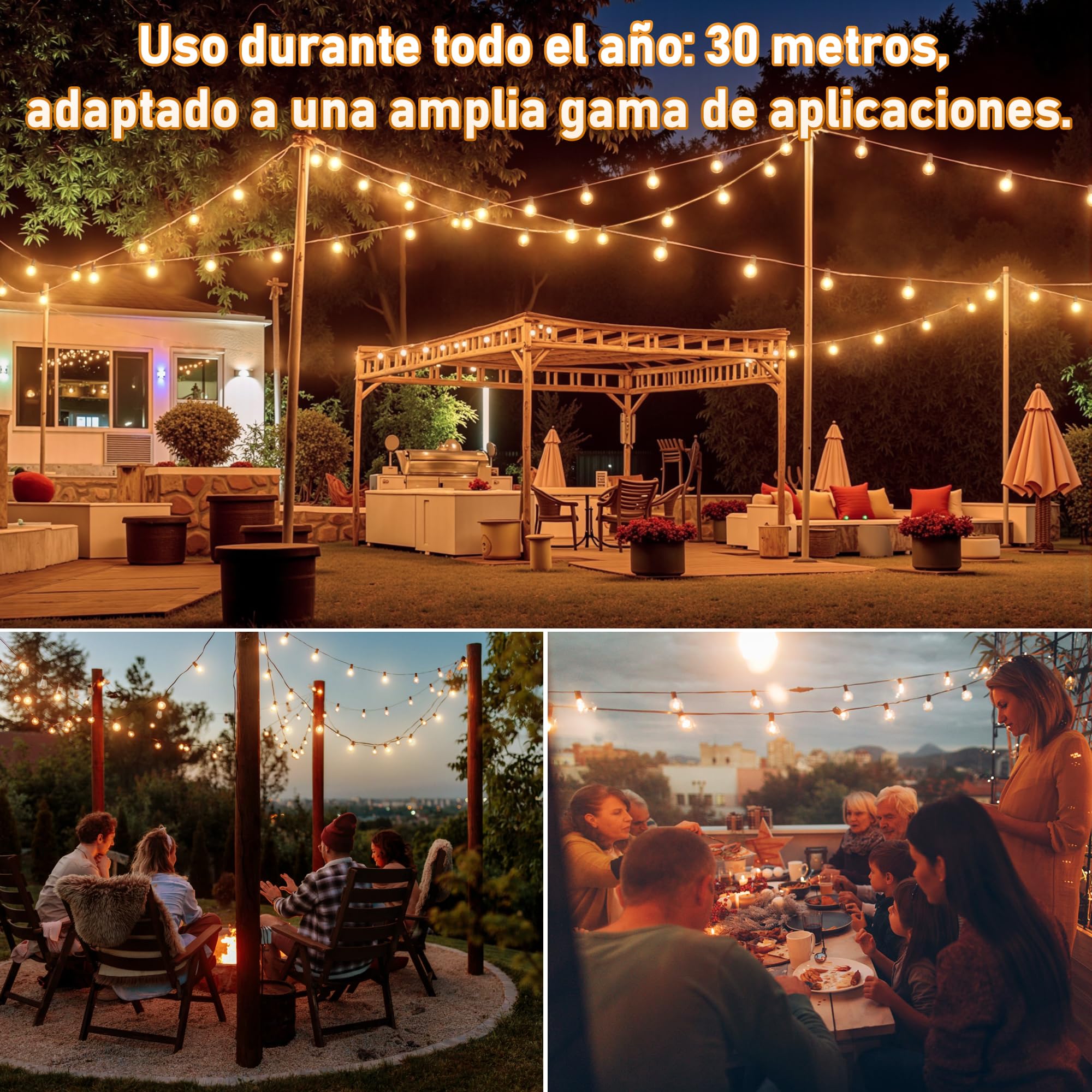 HeiPard Guirnalda Luces Exterior 30m, 50 +3 G40 Bombillas LED, Impermeable IP45 para Navidad, Jardín, Terraza | Control Remoto RF, 3 Modos, 4 Niveles Brillo, Temporizador, Memoria, Calidez 2200K