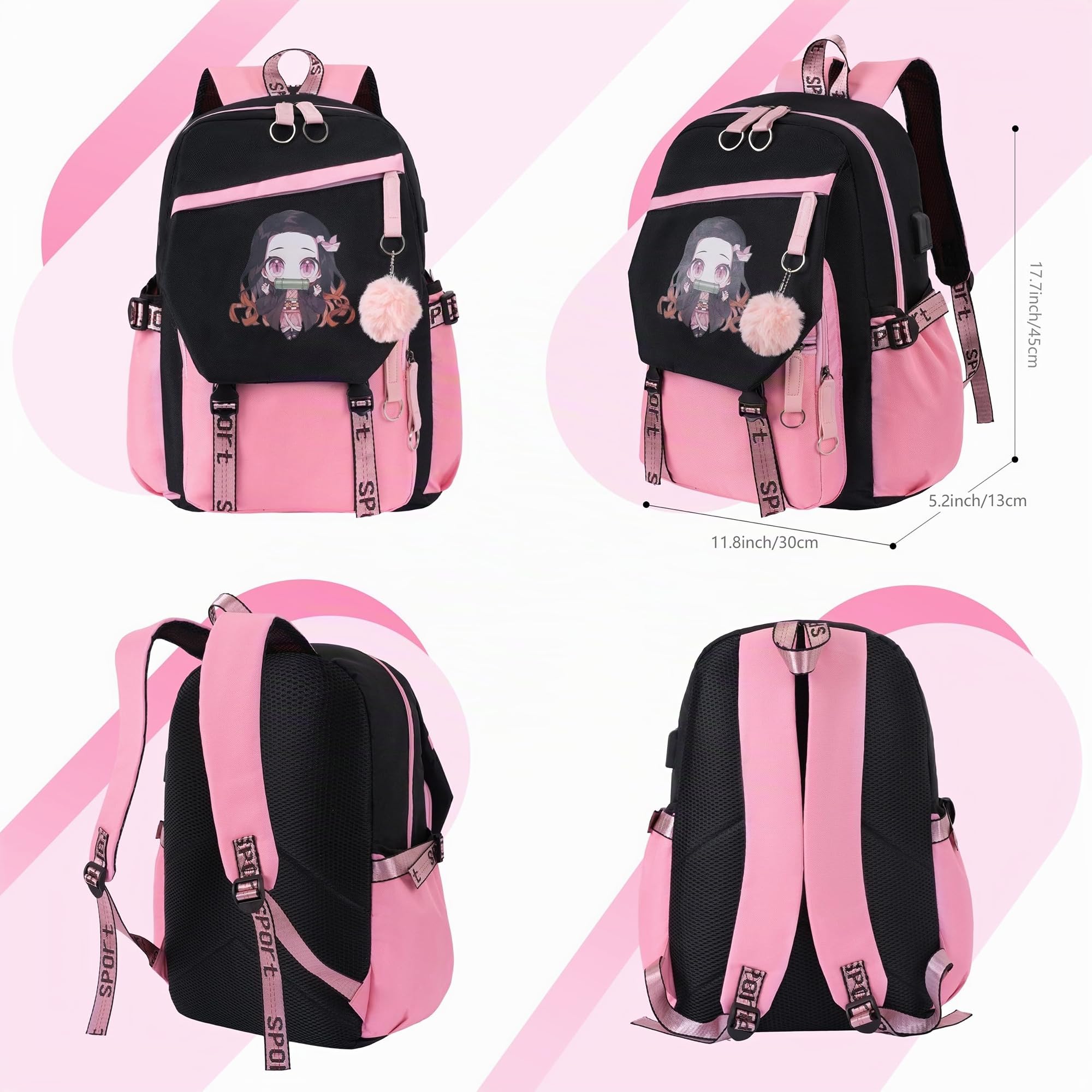 Roffatide Sac à dos Anime School pour filles et garçons avec port de recharge USB et port pour écouteurs