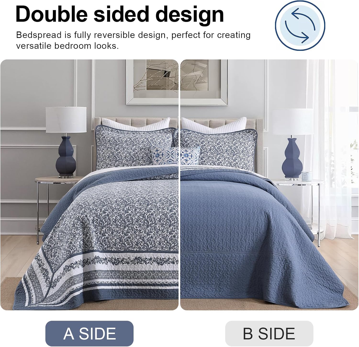 Quilta 100% Cotton Bedspread California King Size - 120"x120" Blue Reversible Quilt with Botanical Pattern, Farmhouse Soft Lightweight Comforter, Farmhouse Style Coverlet Bedding Set, Blue/White