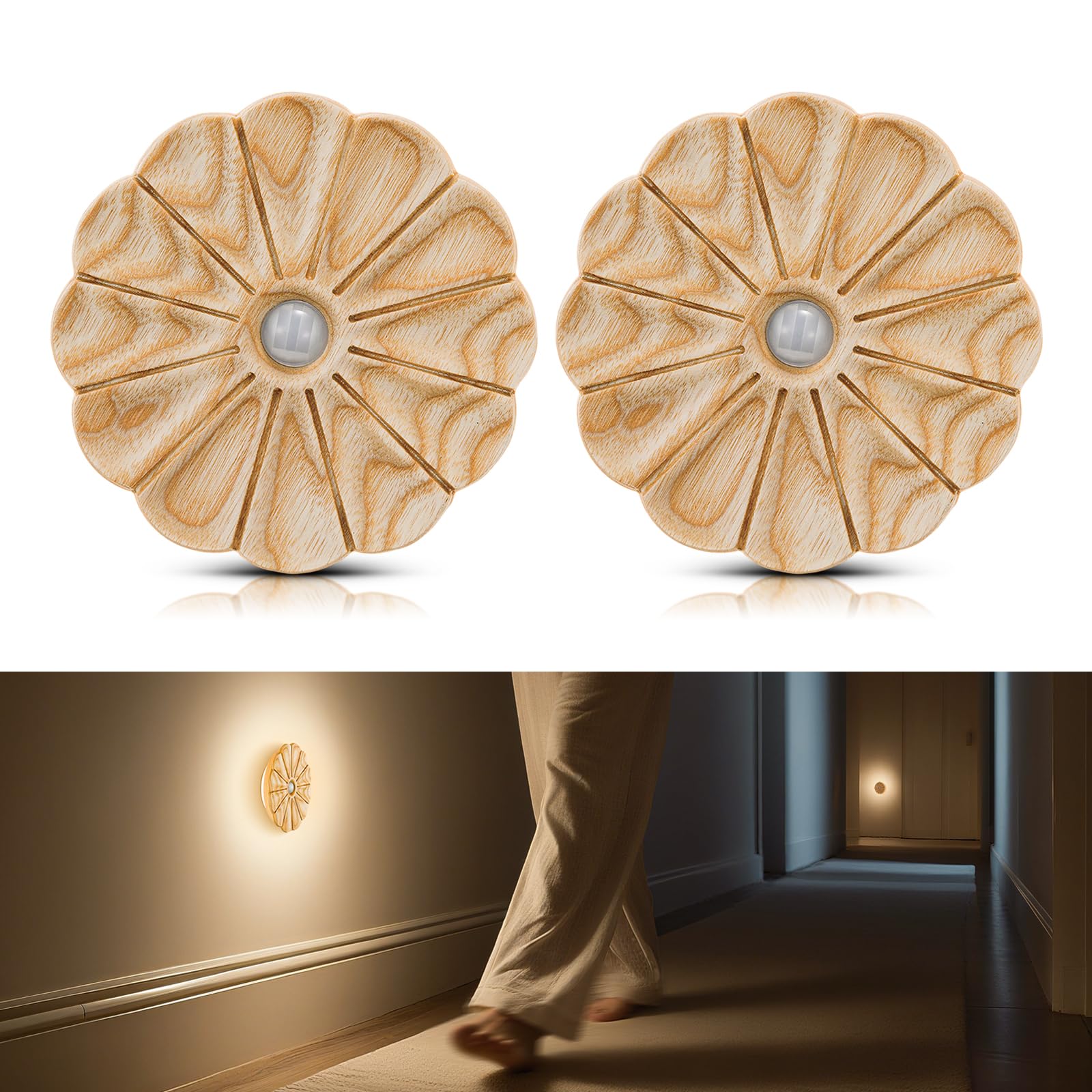 Vadifula Motion Sensor Night Light Wooden Carved Flower Mini USB Rechargeable Stick-On Step Lights Magnetic Wall Lights for Hallway Bedroom Living Room Stair (2 Pack Ash Wood)