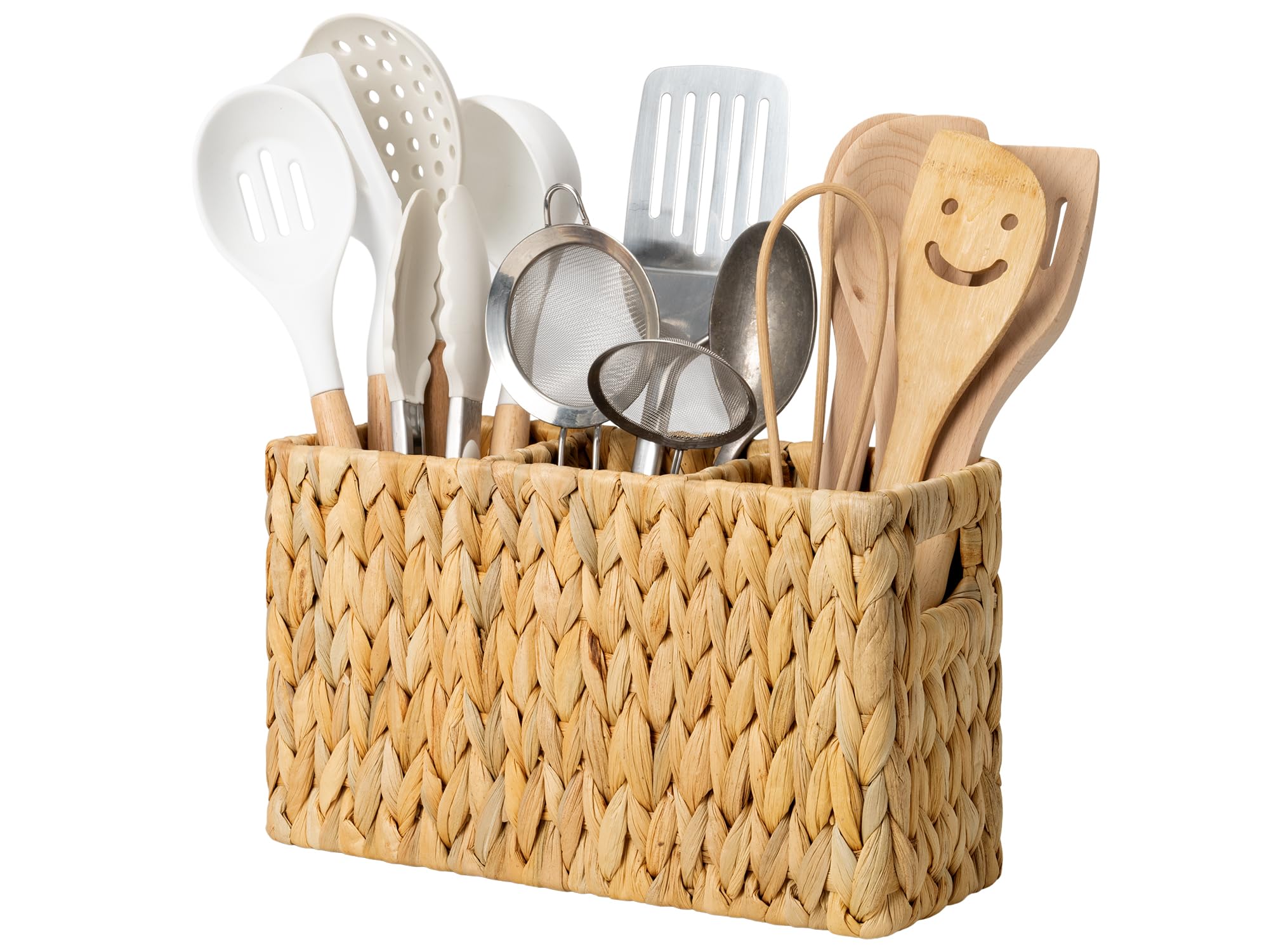 StorageWorks Wicker Utensil Caddy, Natural Water Hyacinth Sliverware Holder with Built-in Handles, Kitchen Utensil Organizer, 3-Compartment Cooking Tools Storage on Countertop