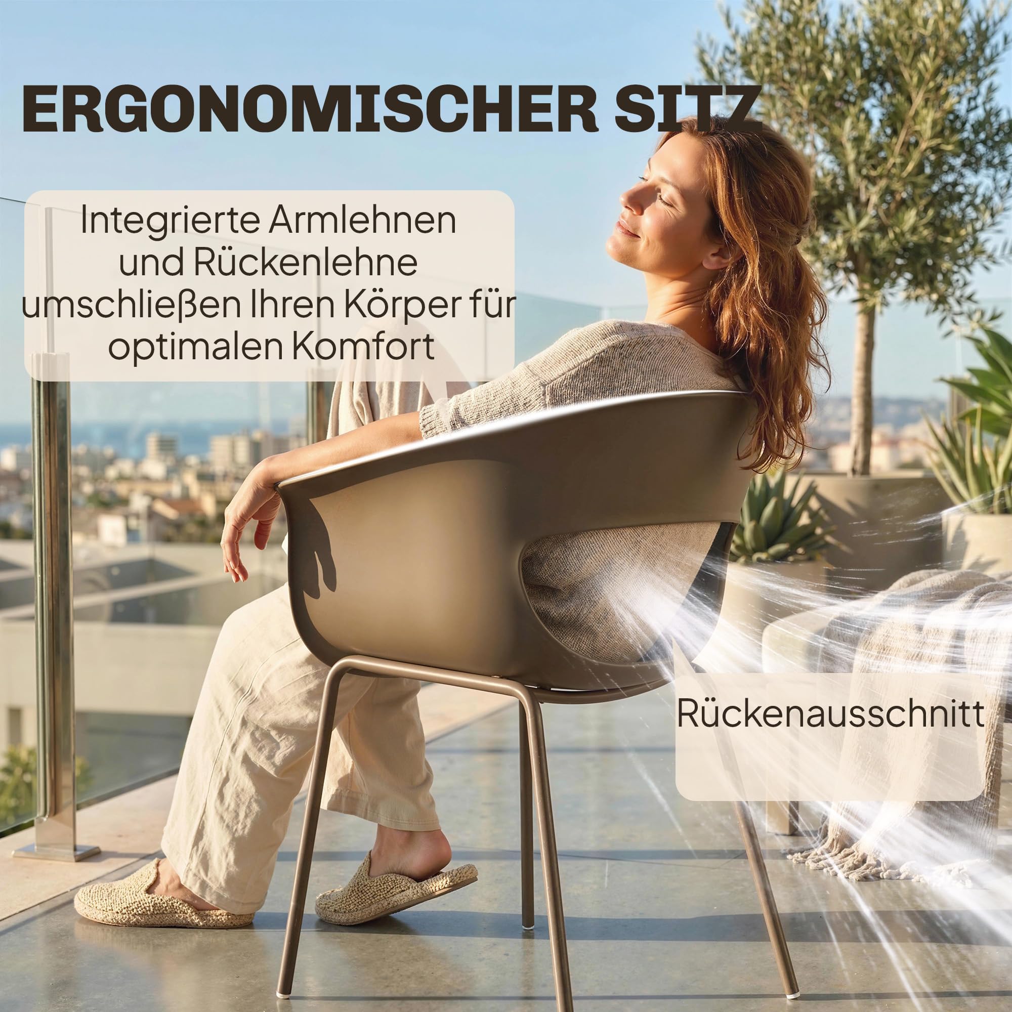 Outsunny Krzesła ogrodowe 4 szt. ergonomiczne podłokietniki 120kg kawowy | Krzesła balkonowe, design z wycięciami, odporne na warunki, odporne na rdzę, krzesła outdoor, tarasowe, balkon, taras