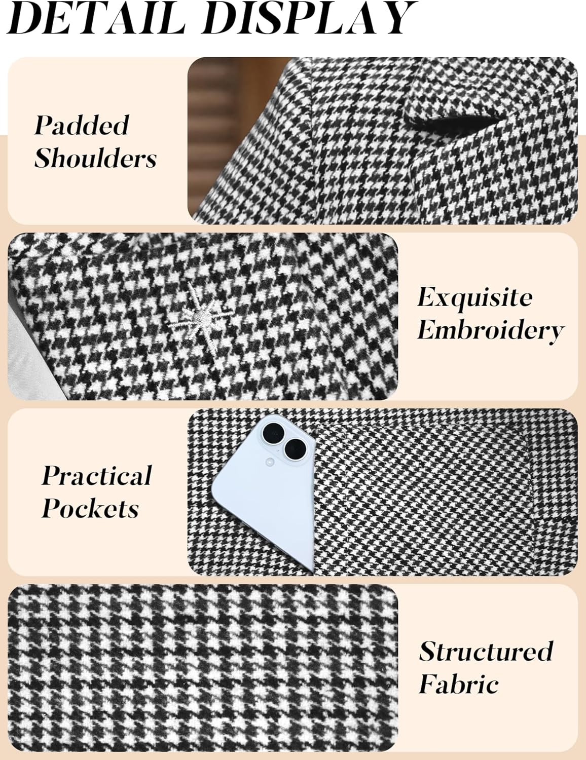 ELLEVEN Women's Plaid Blazers with Embroidered Collar, Houndstooth Business Casual Work Office Jacket with Pockets - Image 4