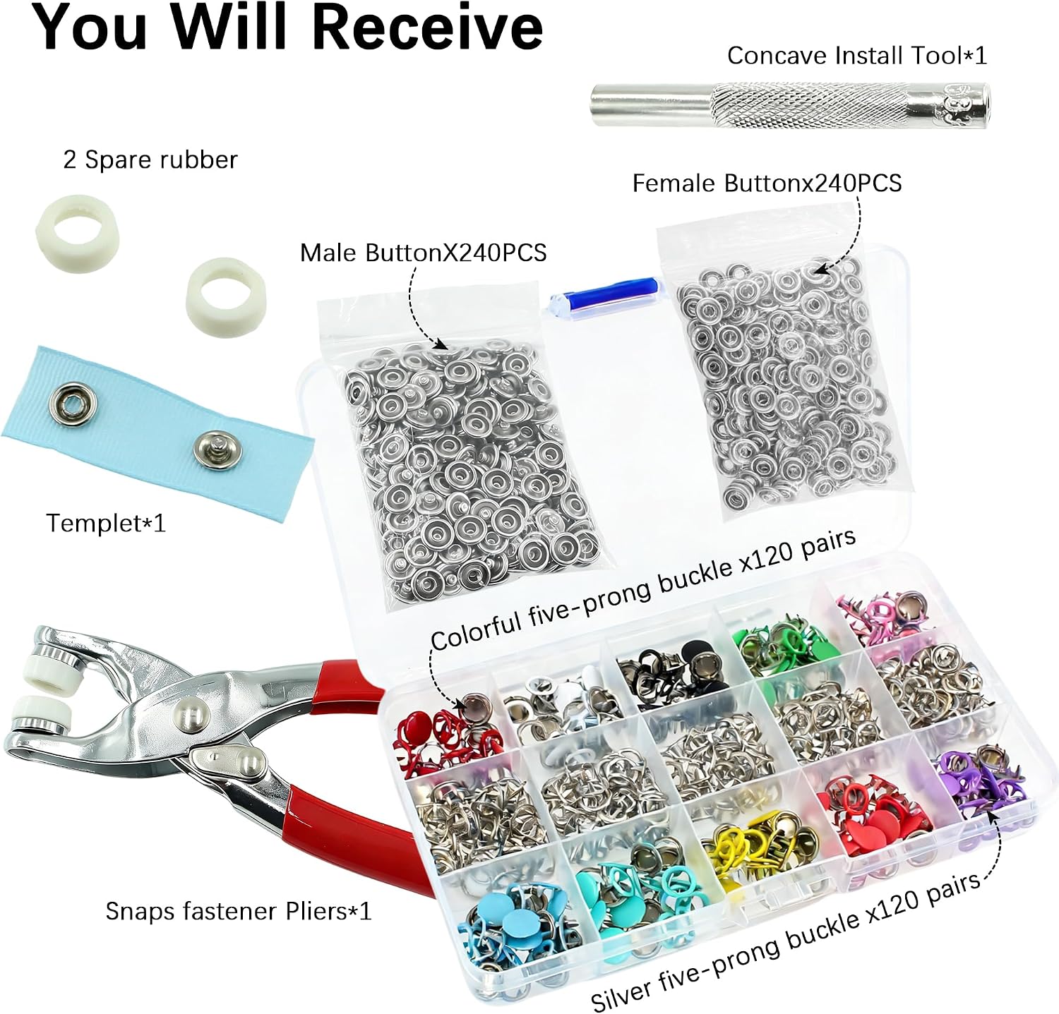 240 Sets Snaps Buttons Fastener kit Hollow Steel Prong Snaps Buttons with Pliers Press Tool for DIY Crafts Clothes Hats Bags Sewing (Hollow & Solid)