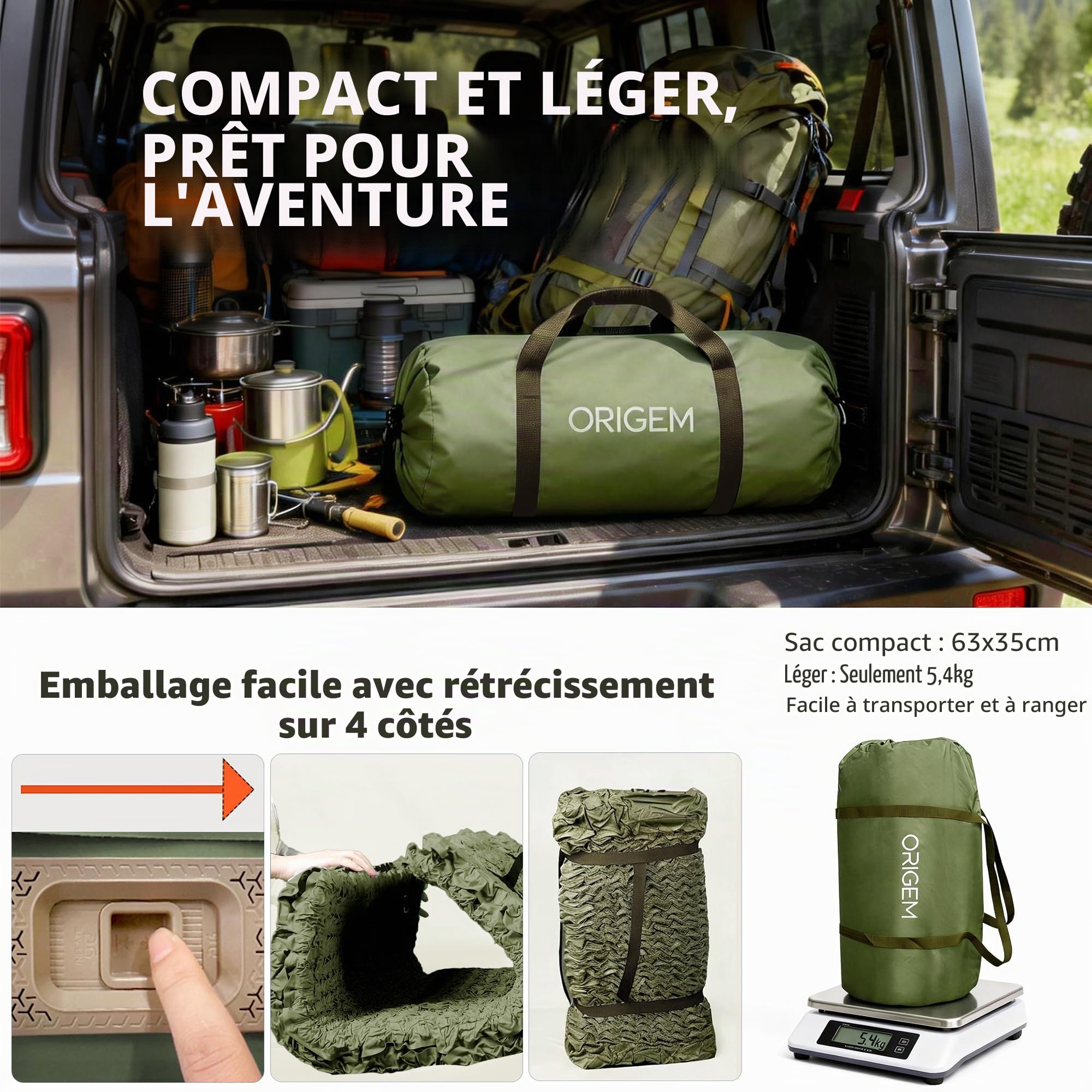 Origem Matelas Camping 2 Personnes Épais en Mousse avec Pompe Électrique | Largeur 140 cm, épaisseur 10 cm, gonflage et dégonflage facile, Matelas gonflable 2 personnes pour camping et randonnée
