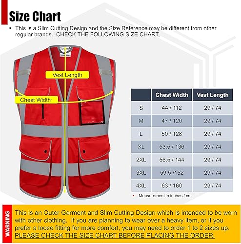 Miniatura 5 de HATAUNKI Chalecos de seguridad retro clase 2 con 9 bolsillos y cremallera frontal ANSIISEA 107-2015 (rojo-3, 4XL)