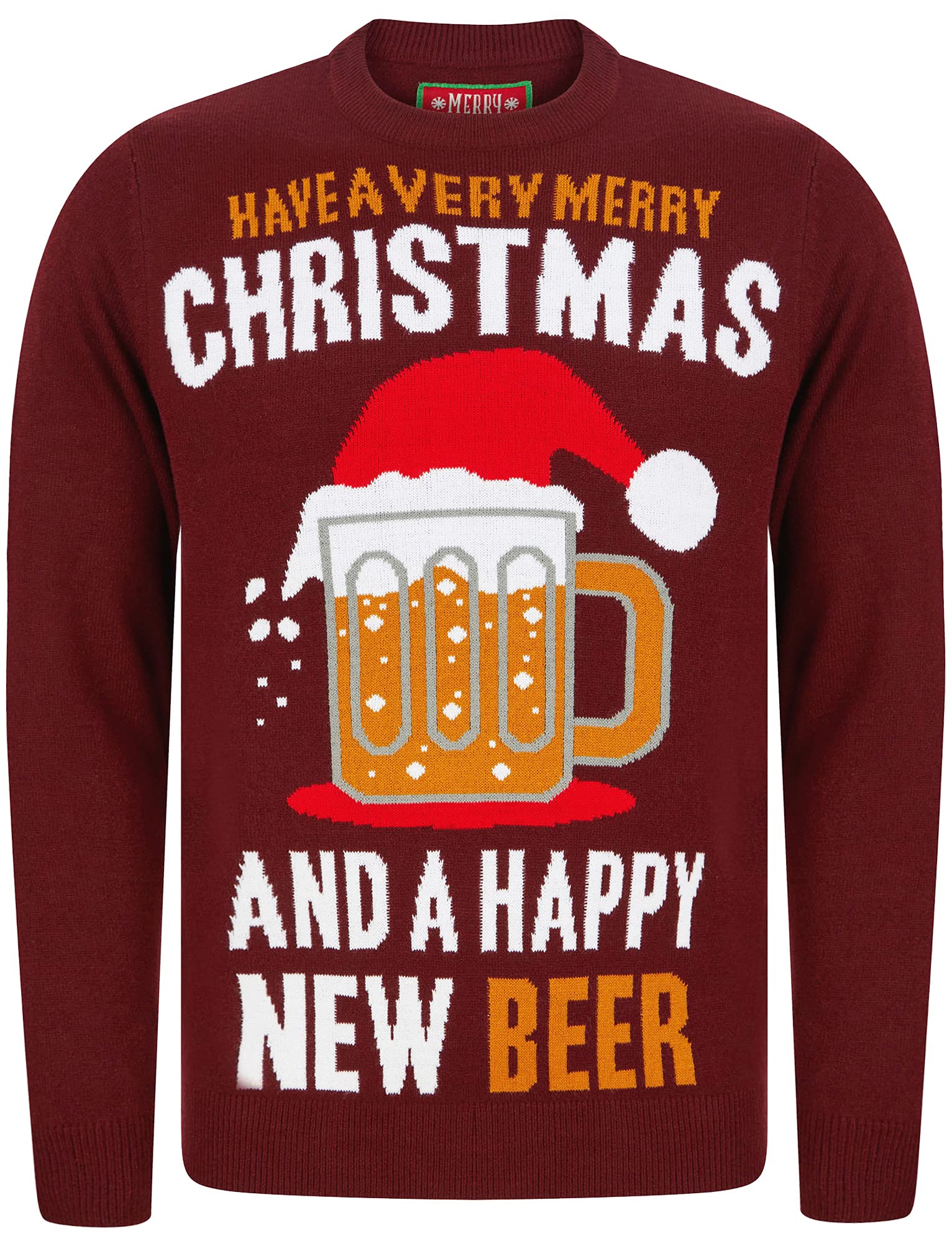 Xmas Pint Motif Novelty Christmas Jumper in Claret – Merry Christmas - M