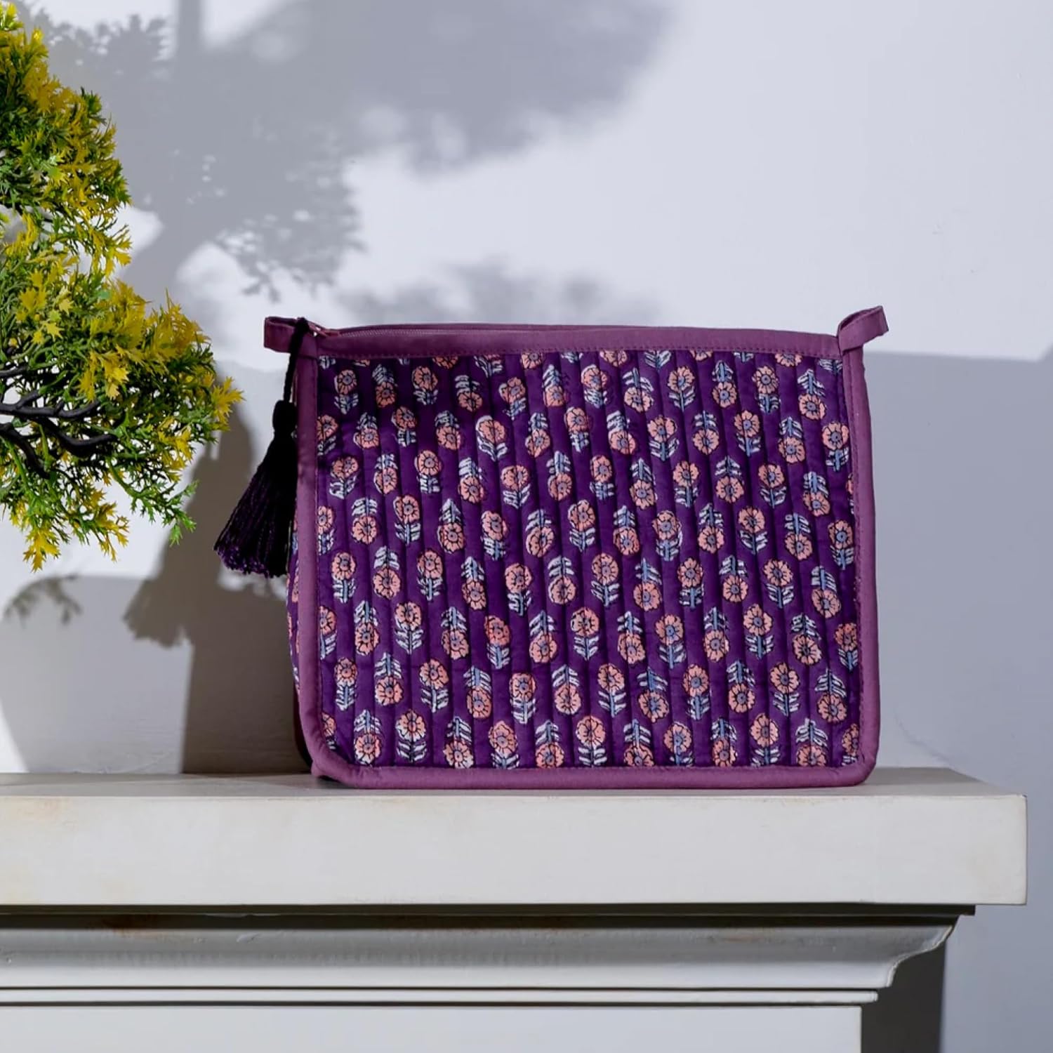 Quilted Makeup Bag- Large Capacity Cosmetic Bags for Women - Water Resistance Lining Portable Pouch & Open Toiletry Bag - Perfect Girls Makeup Organizer for Travel Essentials (Purple & Orange Floral) - Image 2