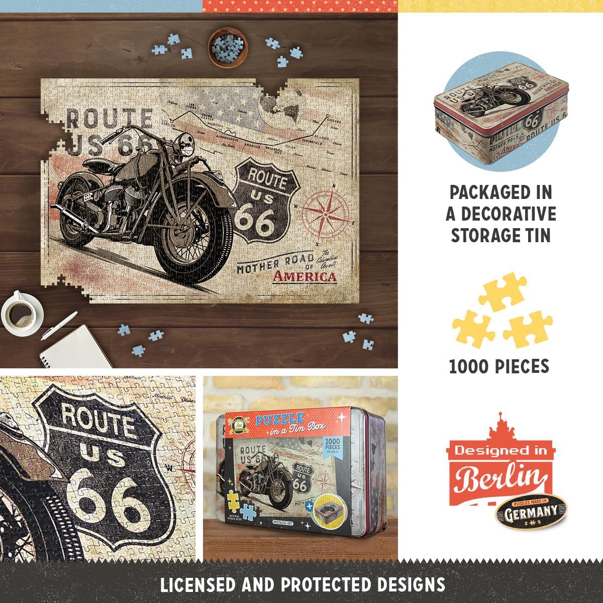 Nostalgic-Art Retro Puzzle 1000 Pieces, 18.9" x 26.8", Route 66 – Bike Map – Gift idea for Route 66 Fans, for Adults, Packed in a tin Box