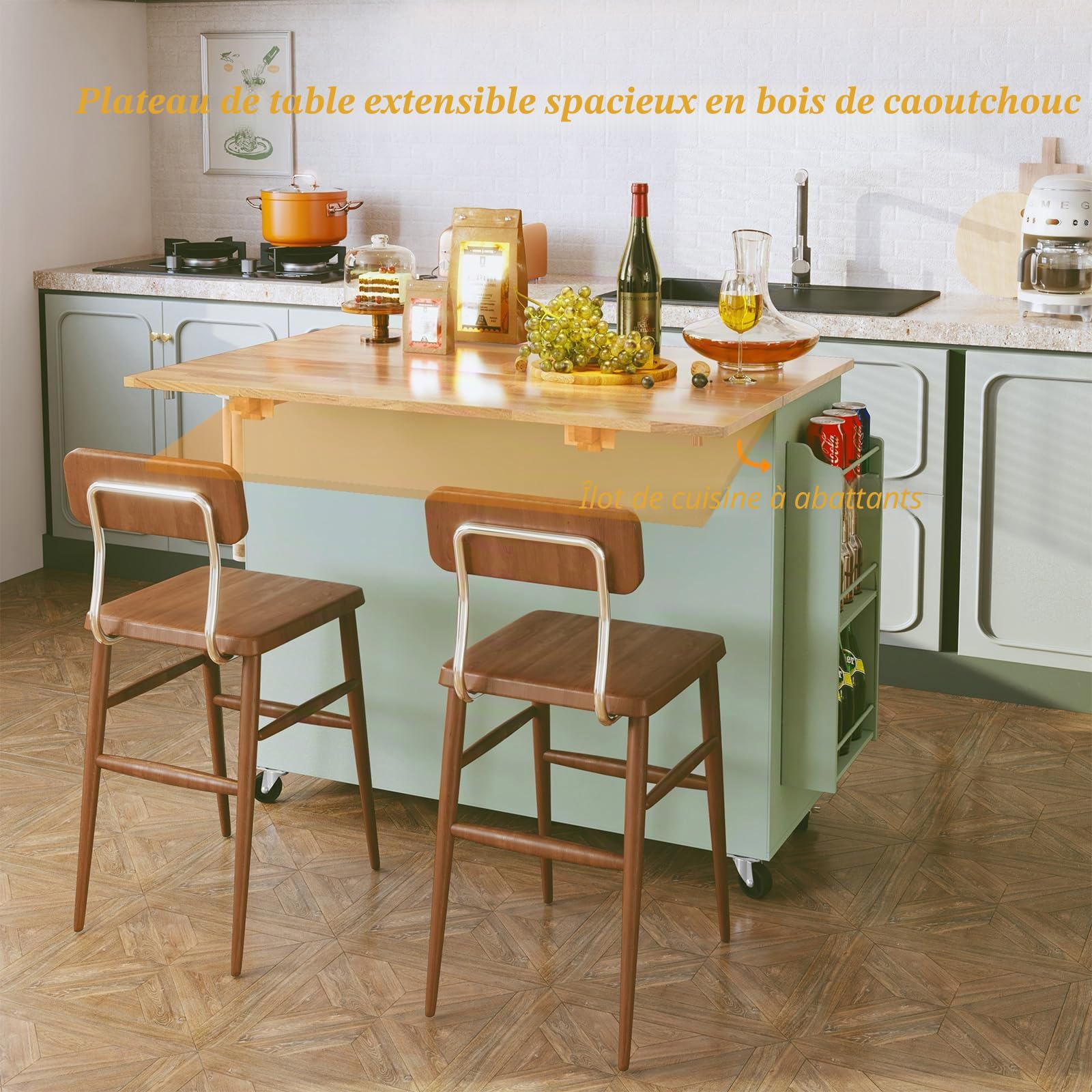 HOLTICO Îlot Central de Cuisine Mobile avec Plan de Travail Pliable, Desserte de Cuisine à roulettes avec Rangement à Épices, 2 Tiroirs et Étagères Réglables, Meuble de Cuisine, 128x46x91 cm, Vert