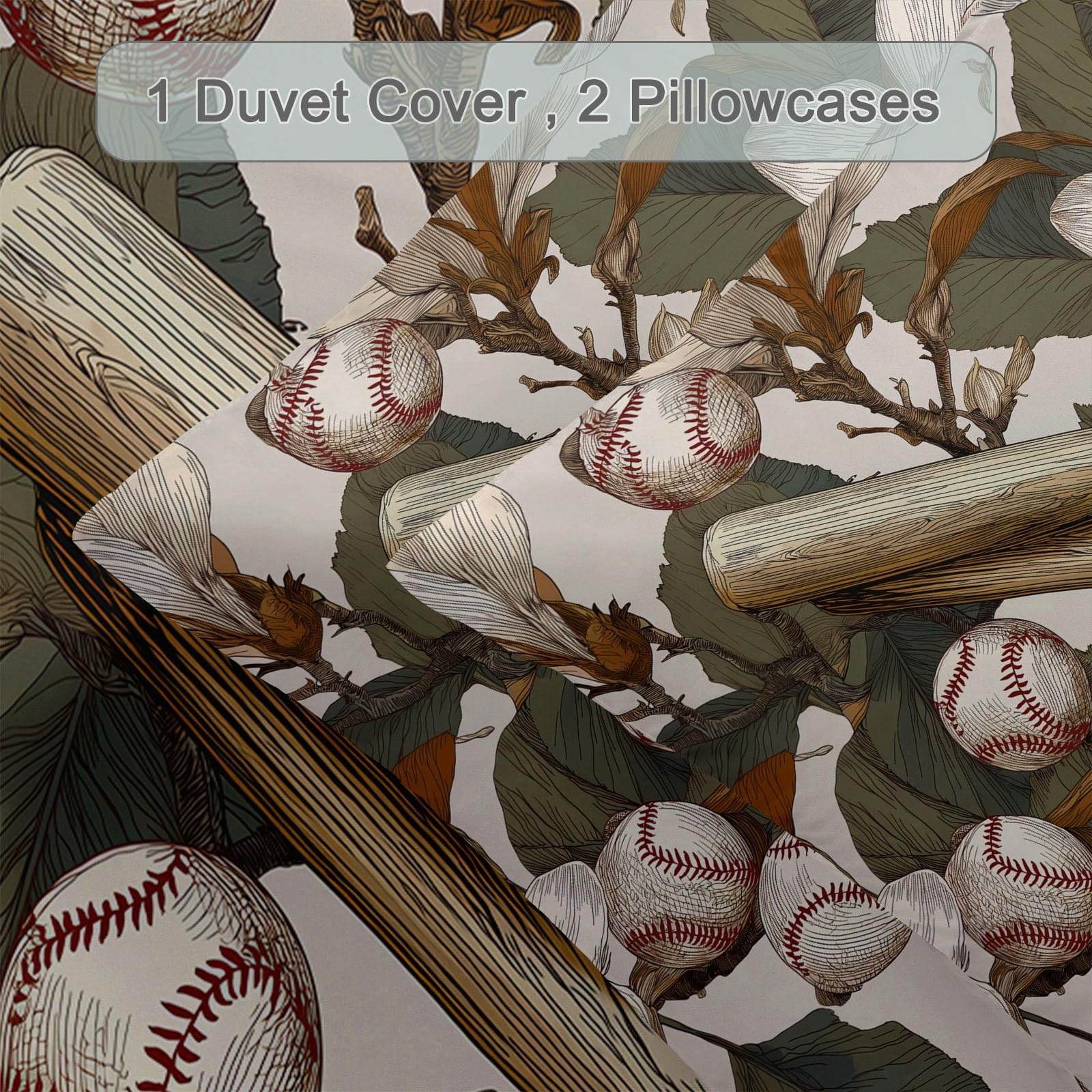 Poszwa na kołdrę 230 x 220 cm Retro Liście Baseball Kij, 3-częściowy dwustronny zestaw pościeli + 2 poszewki na poduszki, poszwa na kołdrę z zamkiem błyskawicznym, brązowy beżowy