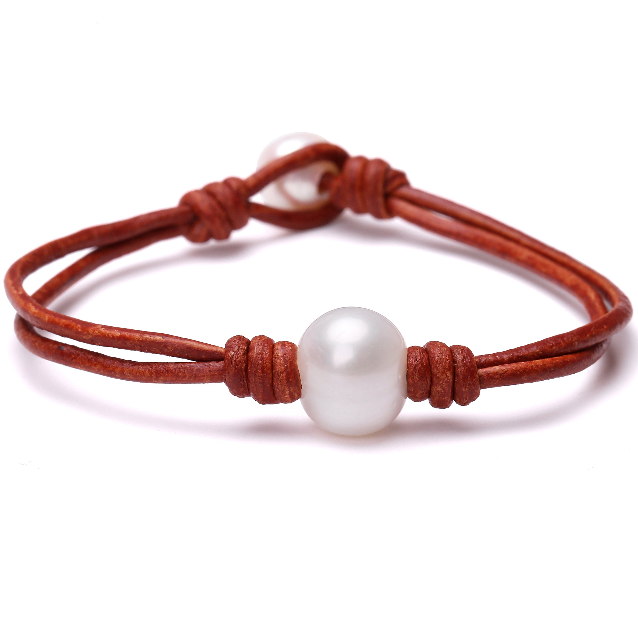 Aobei Pearl Single Cultured Freshwater Pearl Bracelet Handmade Leather Pearl Jewelry for Women by Aobei 8'' Tan