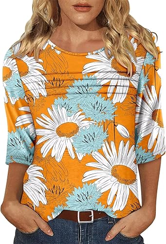 KISSMODA Women's Casual 3/4 Sleeve T-Shirts Round Neck Cute Tunic Tops Basic/Pleated Summer Tops Trendy Spring Blouses
