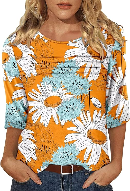 KISSMODA Women's Casual 3/4 Sleeve T-Shirts Round Neck Cute Tunic Tops Basic/Pleated Summer Tops Trendy Spring Blouses