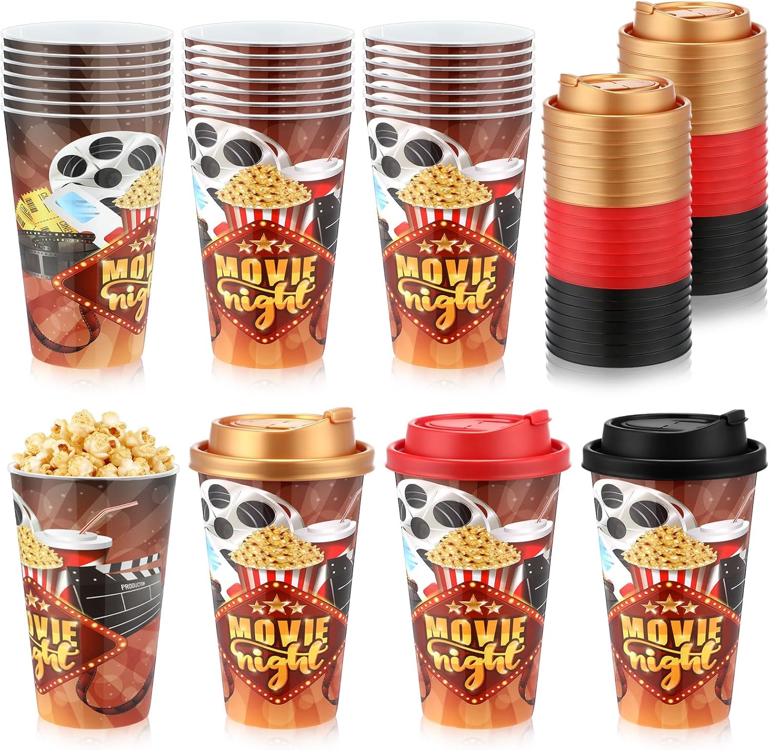 Yungyan 24 Pack Movie Night Party Favors Goodie Cups with Lids for Birthday Decorations Reusable 16 oz Plastic Drinking Candy Gift Cups for Birthday Movie Theme Party Supplies