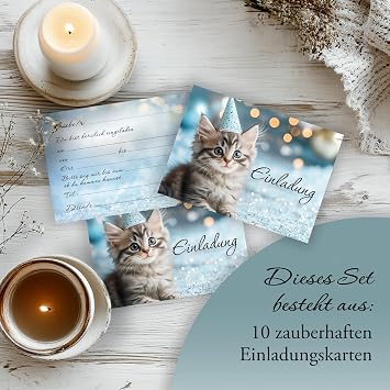 E&G Klasse 10 x Children's Invitation Cards Invitation Children's Birthday Cat Party Cat Girls Boys Birthday Party Blue Pink Silver Birthday First Day at School
