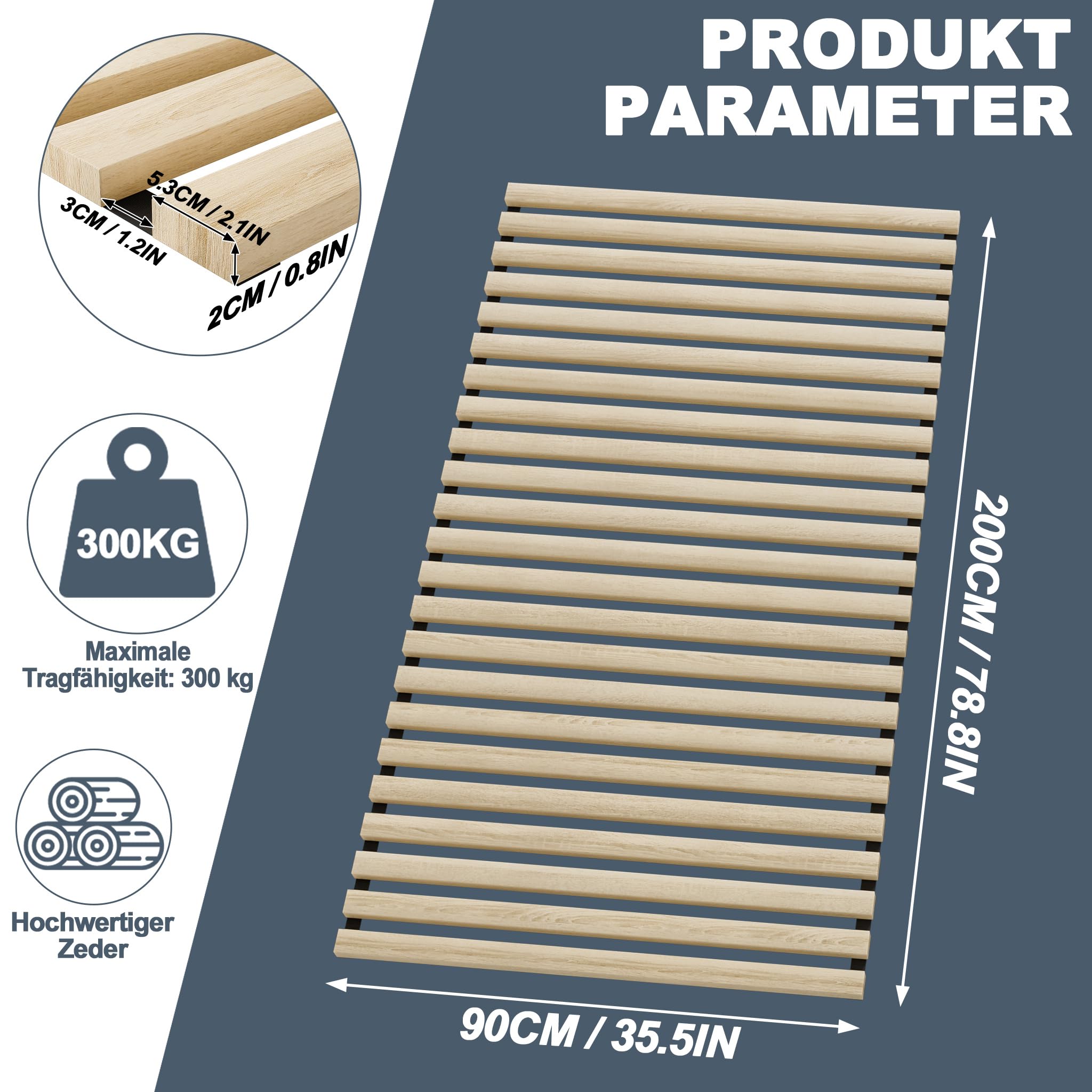 FIVMEN Lattenrost 90x200cm Lattenroste mit 23 Leisten Rolllattenrost Rollrost aus Chinesische Tanne Lattenrahmen mit Schwarz Gummiband für alle Matratzen Geeignet, belastbar bis ca. 300 kg