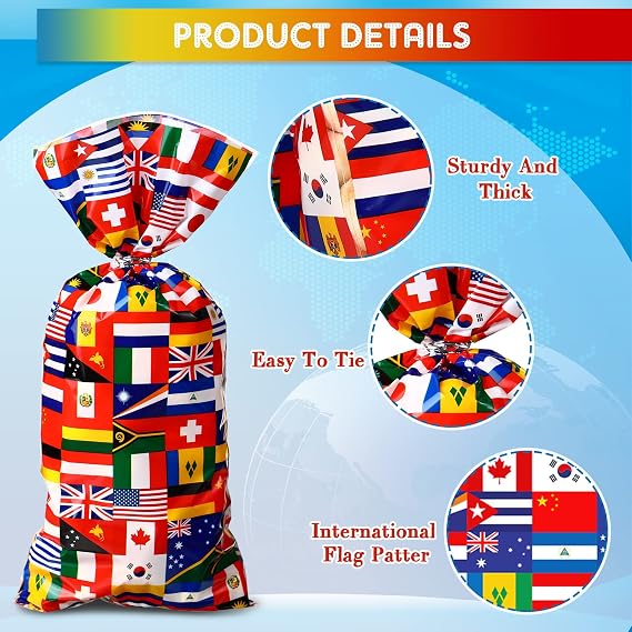 Pajean 100 Pack World Flag Treat Bags with Twist Ties for Party Favors