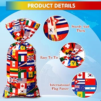 Pajean 100 Pack World Flag Treat Bags with Twist Ties for Party Favors