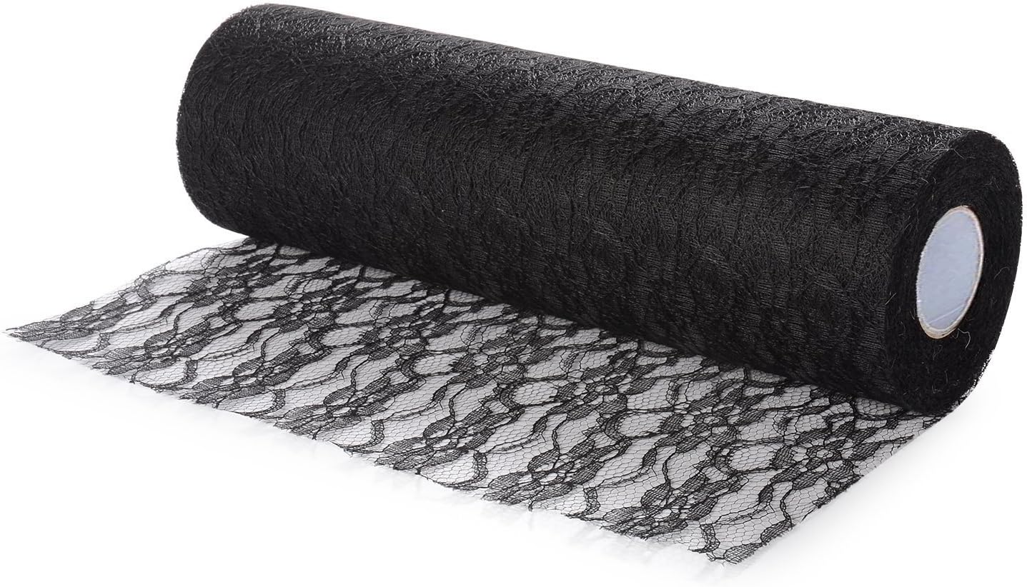 Feelmate 12" x 10Yards Vintage Lace Roll Netting Fabric Tulle Roll For Tutu Skirt Table Runner Chair Sash DIY Wedding Party Art Craft Decor (Black)