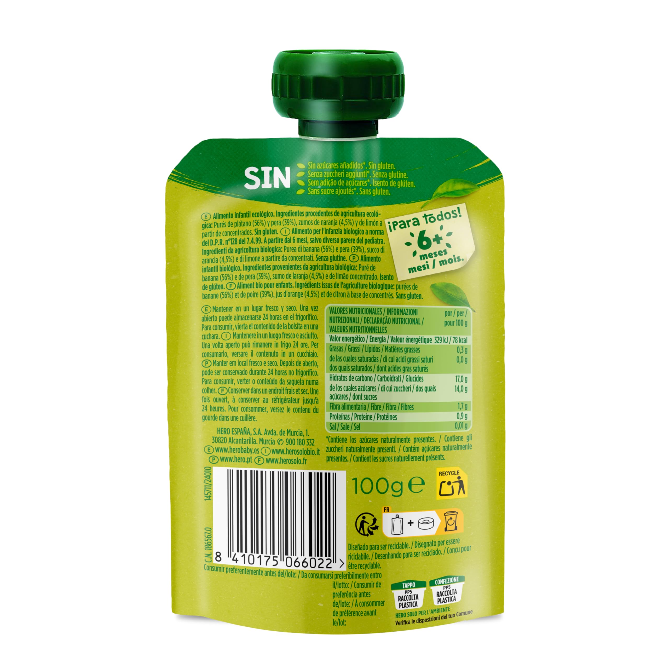 Alimento infantil con puré de pera, plátano y naranja 100% ecológica Hero bolsa 100 g