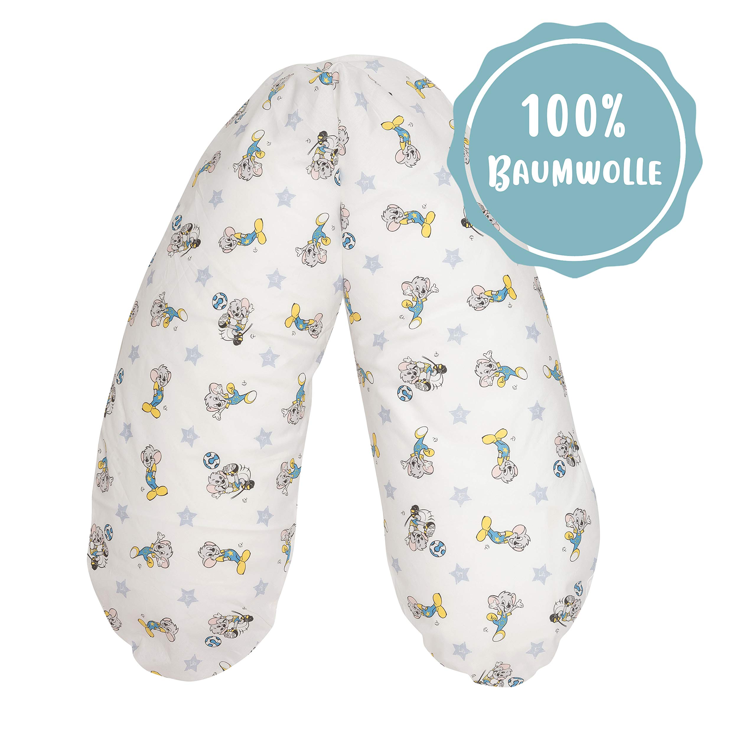 Cojín de lactancia ED 190 cm, relleno de microperlas de poliestireno expandido, certificado TÜV, funda 100% algodón, diseño de estrellas blancas.