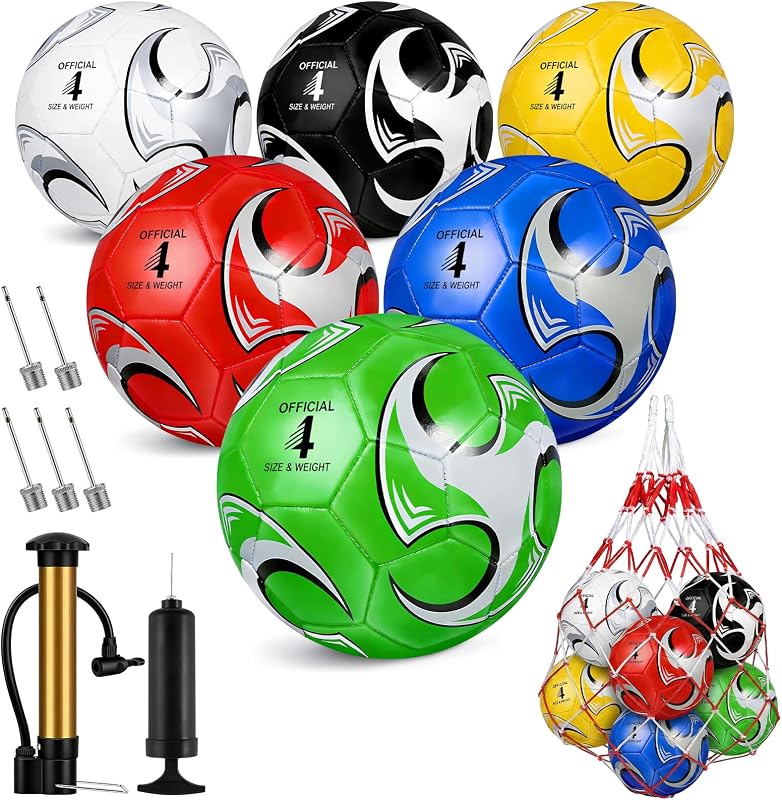 6 Pack Colorful Soccer Balls Size 5/4/3 Deflated Includes Ball Pump and Net Bag, Pelota De Futbol Training Practice Sphere Competition Competition Soccer for Indoor Outdoor