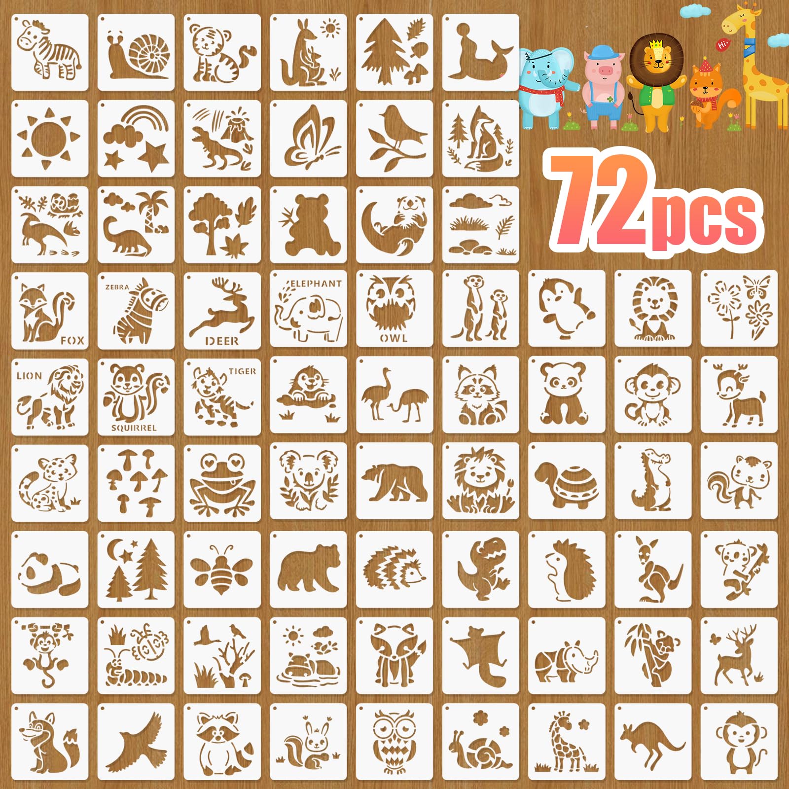 72 Pcs Animal Stencils for Painting, Reusable Wildlife & Creature Animal Painting Templates - Lion, Elephant, Zebra, Panda Craft Kit for Wall Murals, Fabric Art, Wood Signs, Kids Classroom Projects