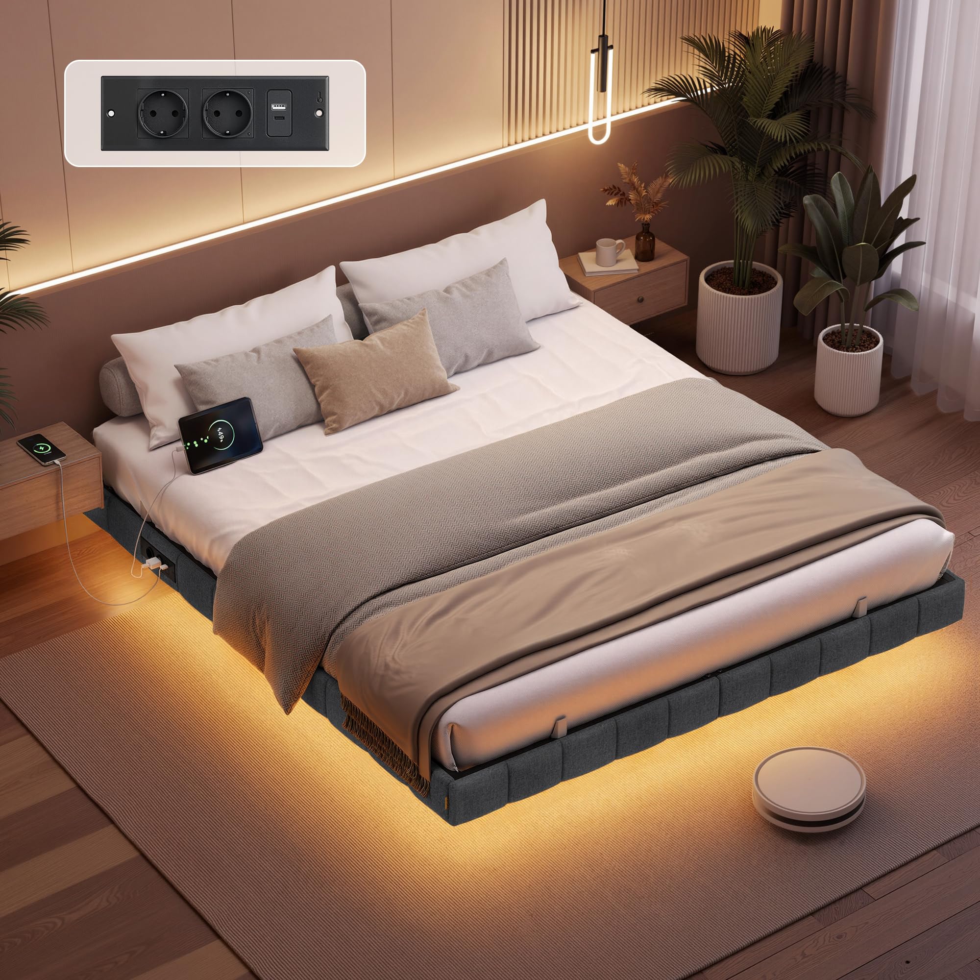 VASAGLE Struttura Letto Effetto Fluttuante 160 x 200 cm, Bordi Imbottiti, LED, 2 Prese AC, 1 Porta USB-A, 1 Porta USB-C, 1 Porta USB-A sul Retro, Portata 500 kg, Grigio Ardesia RMB165G101