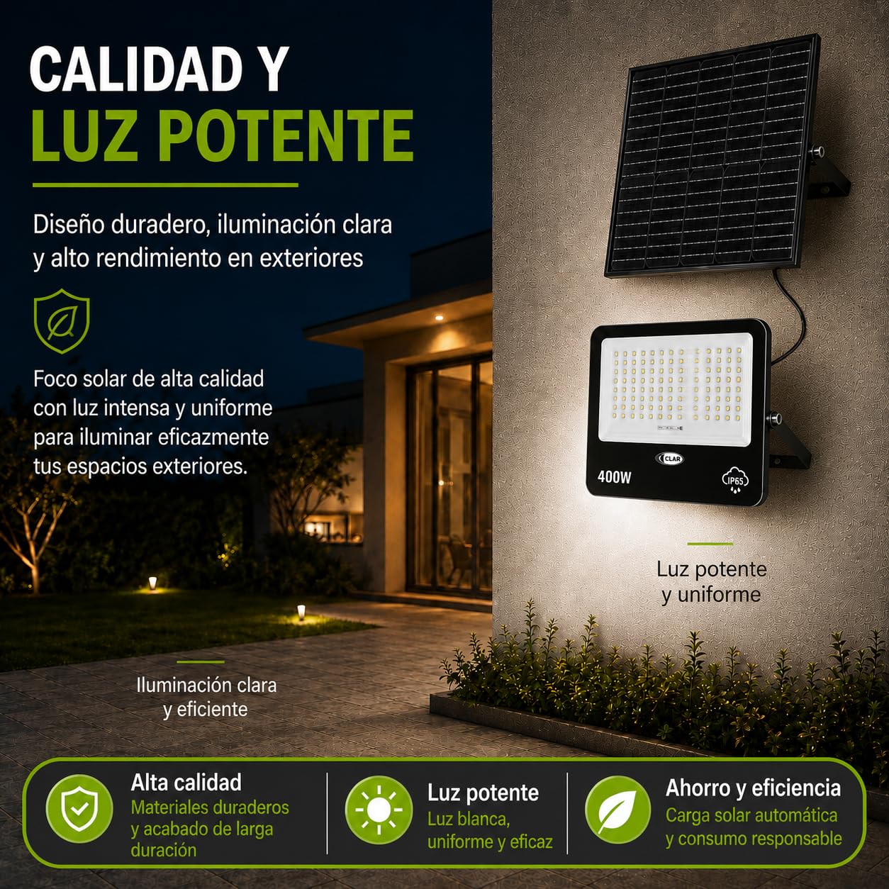 CLAR - Luces Solares LED Exterior Jardin, Focos LED Exterior Solares, Foco Solar Exterior, Mando a Distancia Incluido, 400W