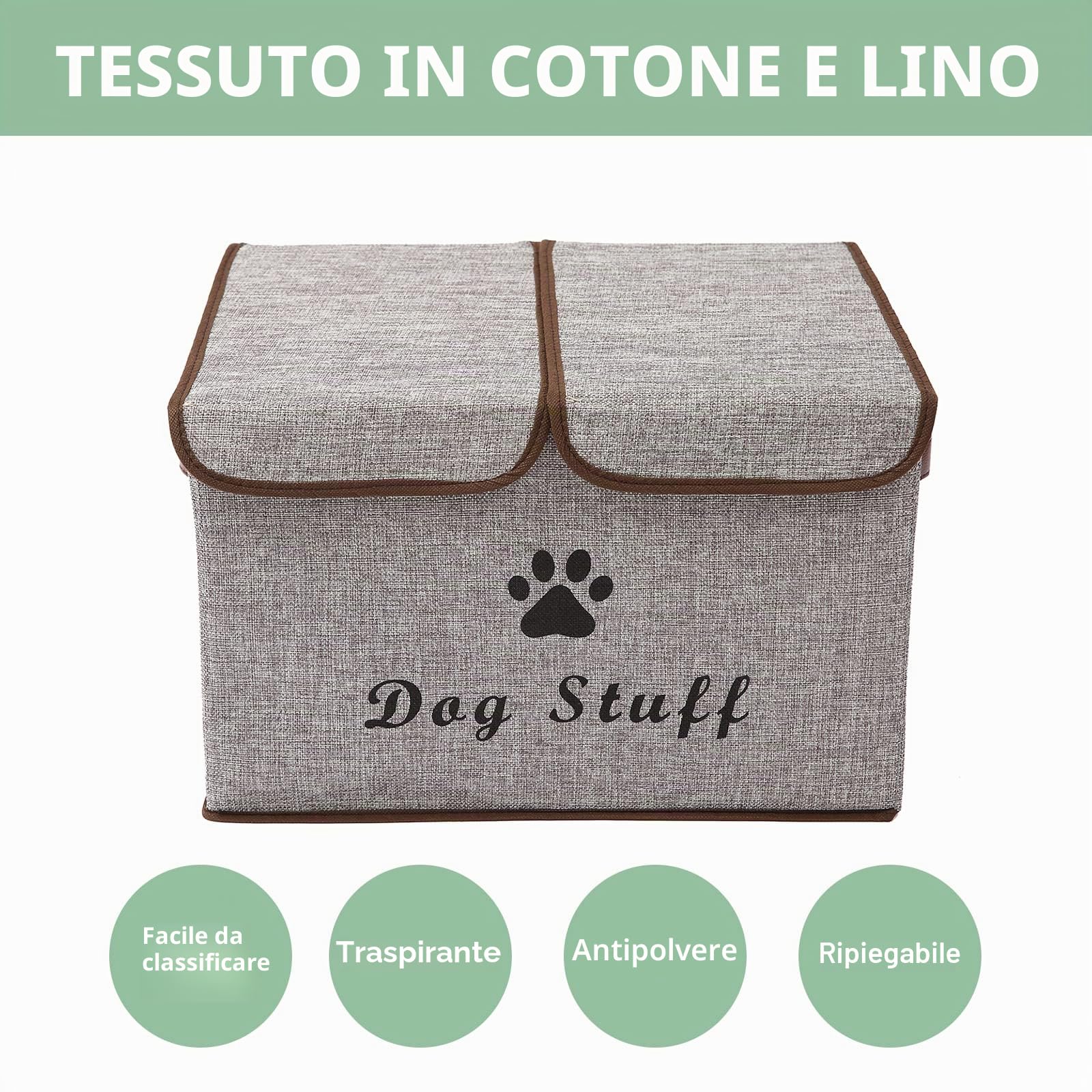 Pethiy Grande Scatola portaoggetti in Tessuto di Lino Pieghevole, Contenitore con doppio Coperchio e Manici, per Cani del Abbigliamento e Accessori, Giocattoli per Cani- 43 x 31 x 26 cm -Grigio
