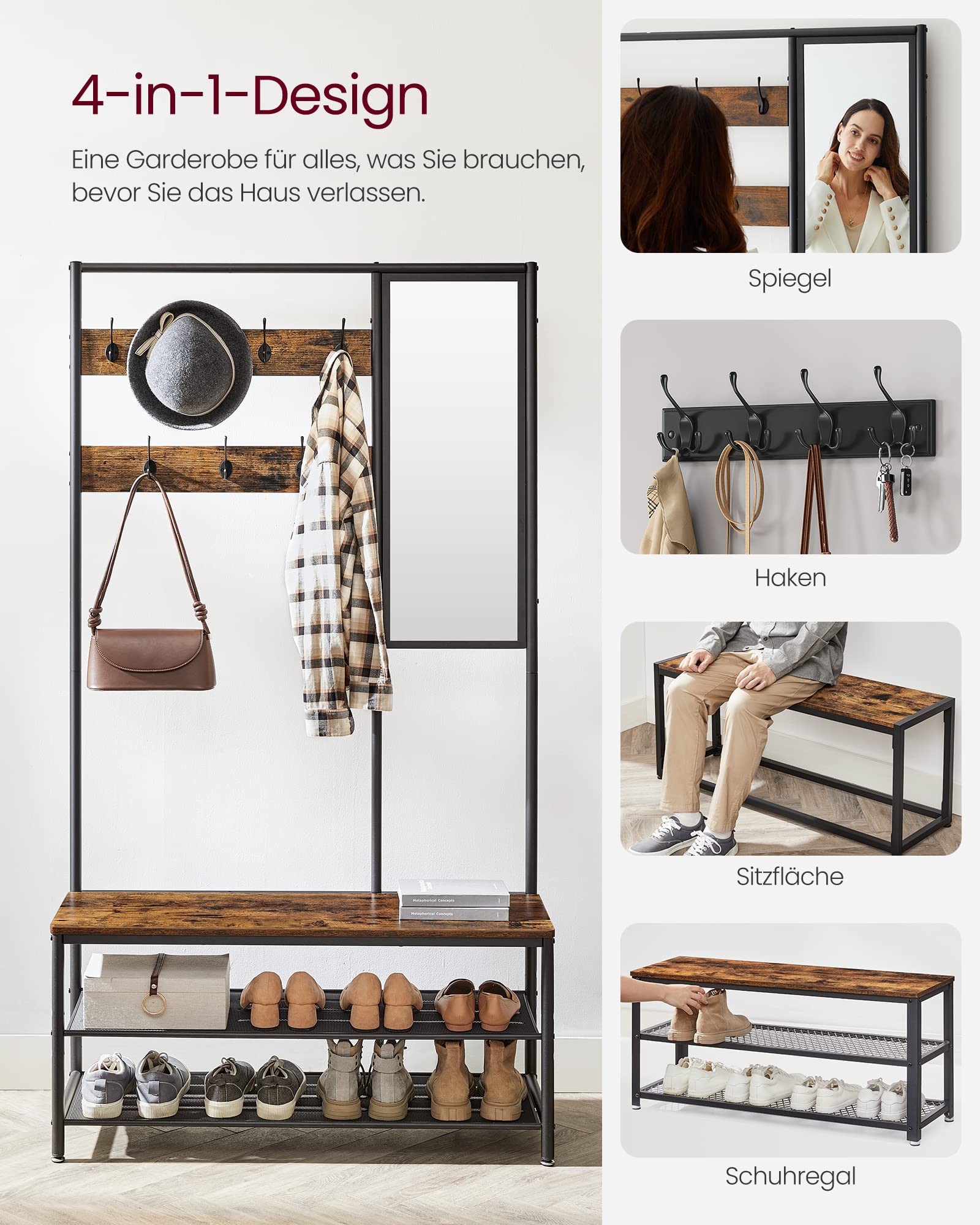 VASAGLE Kleiderständer, Garderobe, Garderobenständer mit Haken, Spiegel, Sitzbank, 35 x 98 x 180 cm, für Eingangsbereich, Schlafzimmer, Wohnzimmer, Industrie-Design, vintagebraun- schwarz HSR415B01