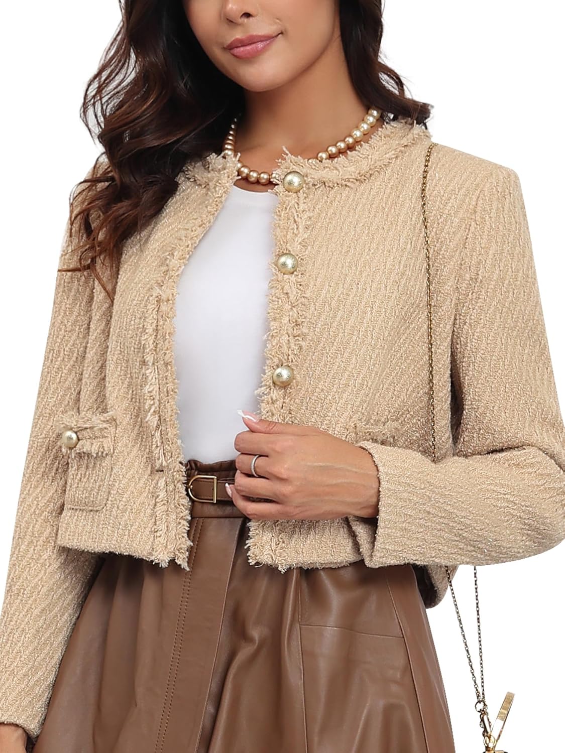 M.Infisavo Tweed Blazer Jackets for Womens with Pockets, Cropped Long Sleeve Open Front Collarless Elegant Casual Cardigan