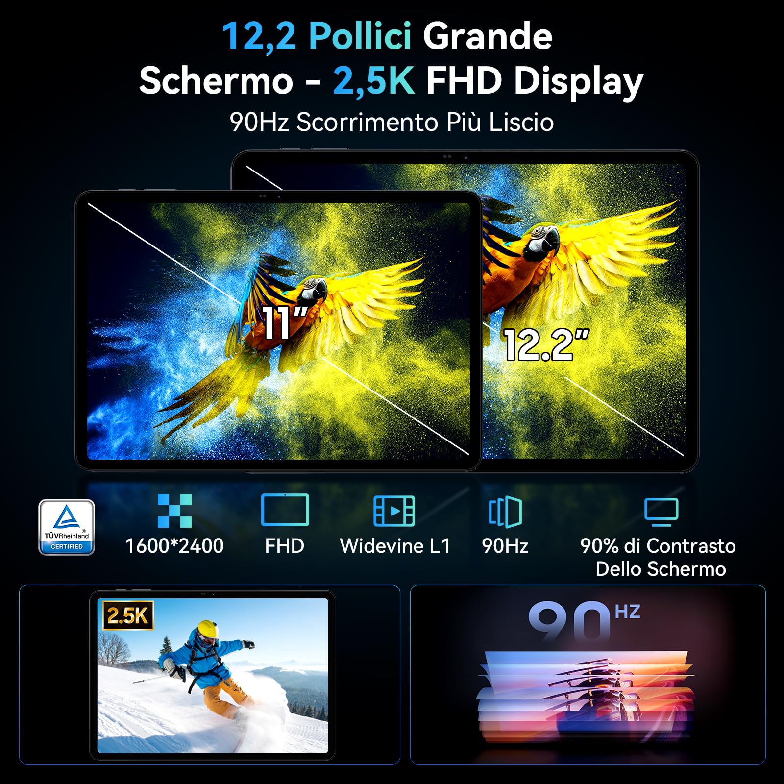 TABWEE T60 Tablet 12 Pollici con Tastiera - Android 16, 48 GB RAM+ 256 GB ROM, 10000 mAh, 16 MP+8 MP, 1600 * 2400 QHD+, WideVine L1, Gemini AI, GPS, Tablet in Offerta con SIM (4 Anni Garanzia)