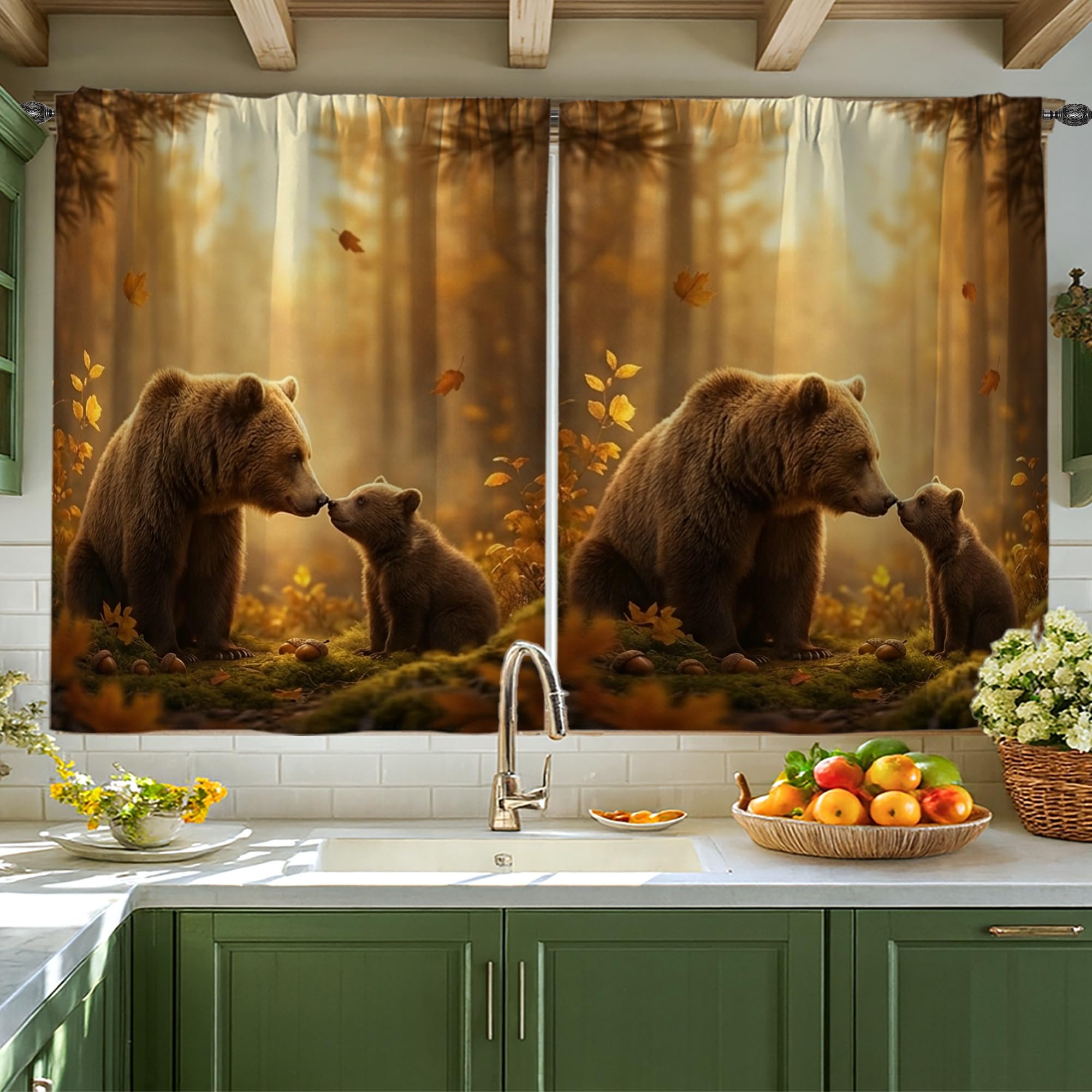 Rideaux de cuisine pour fenêtre de cuisine motif forêt rustique d'ours