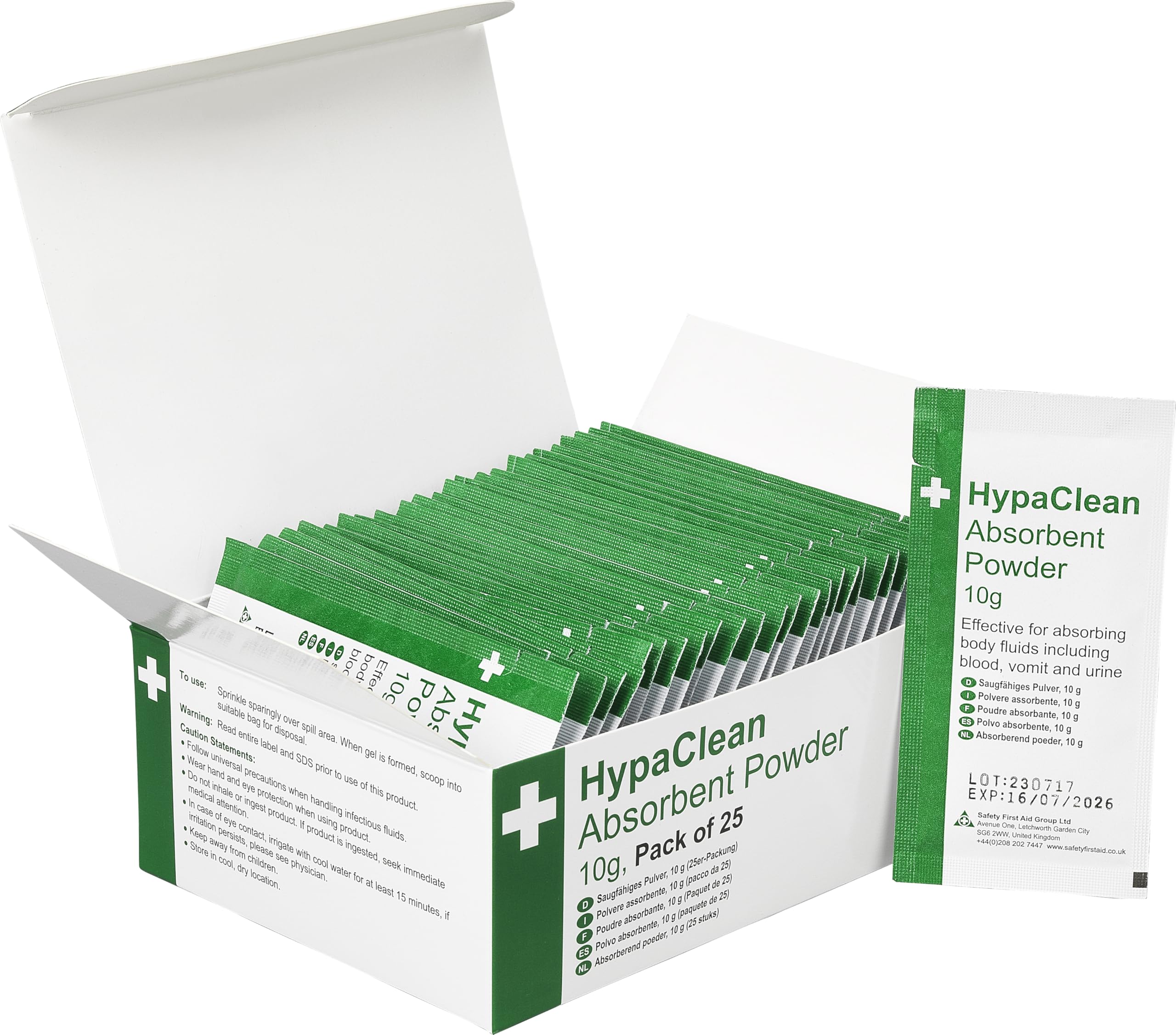 Safety First Aid Group HypaClean Absorbent Powder for spillages, 10g, Pack of 25