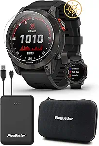 PlayBetter Garmin Fenix 7 Solar (Slate Gray/Black) Multisport GPS Watch | Power Bundle Screen Protectors, Portable Charger, & Hard Case | 2022 Fitness Smartwatch | Rugged, 24/7 Wearablility