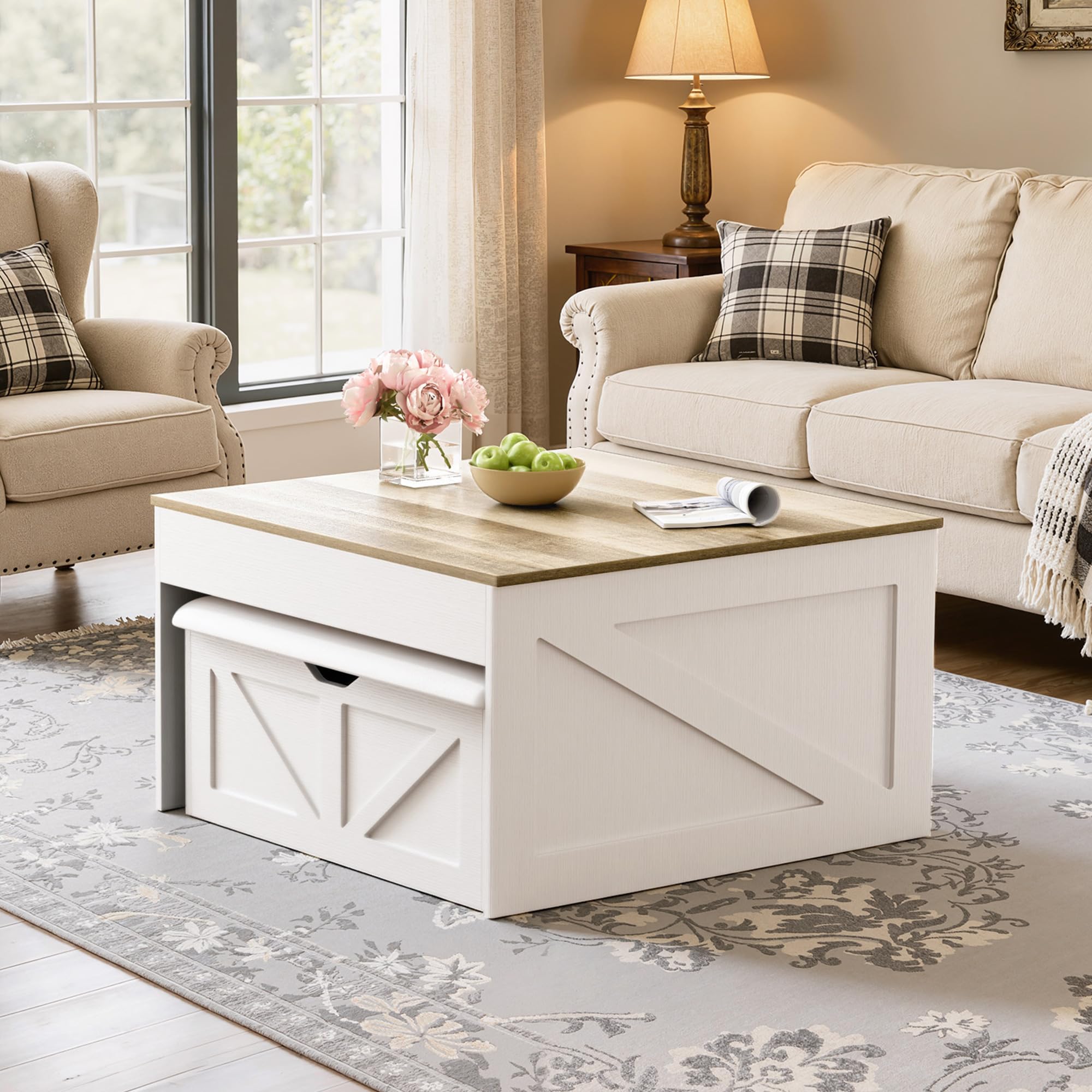 Couchtische mit Aufbewahrung versteckten Fach, Lift Top 31,5 Couchtische mit Bank, Mitteltisch mit Holz Lift Tischplatte für Wohnzimmer, weiß