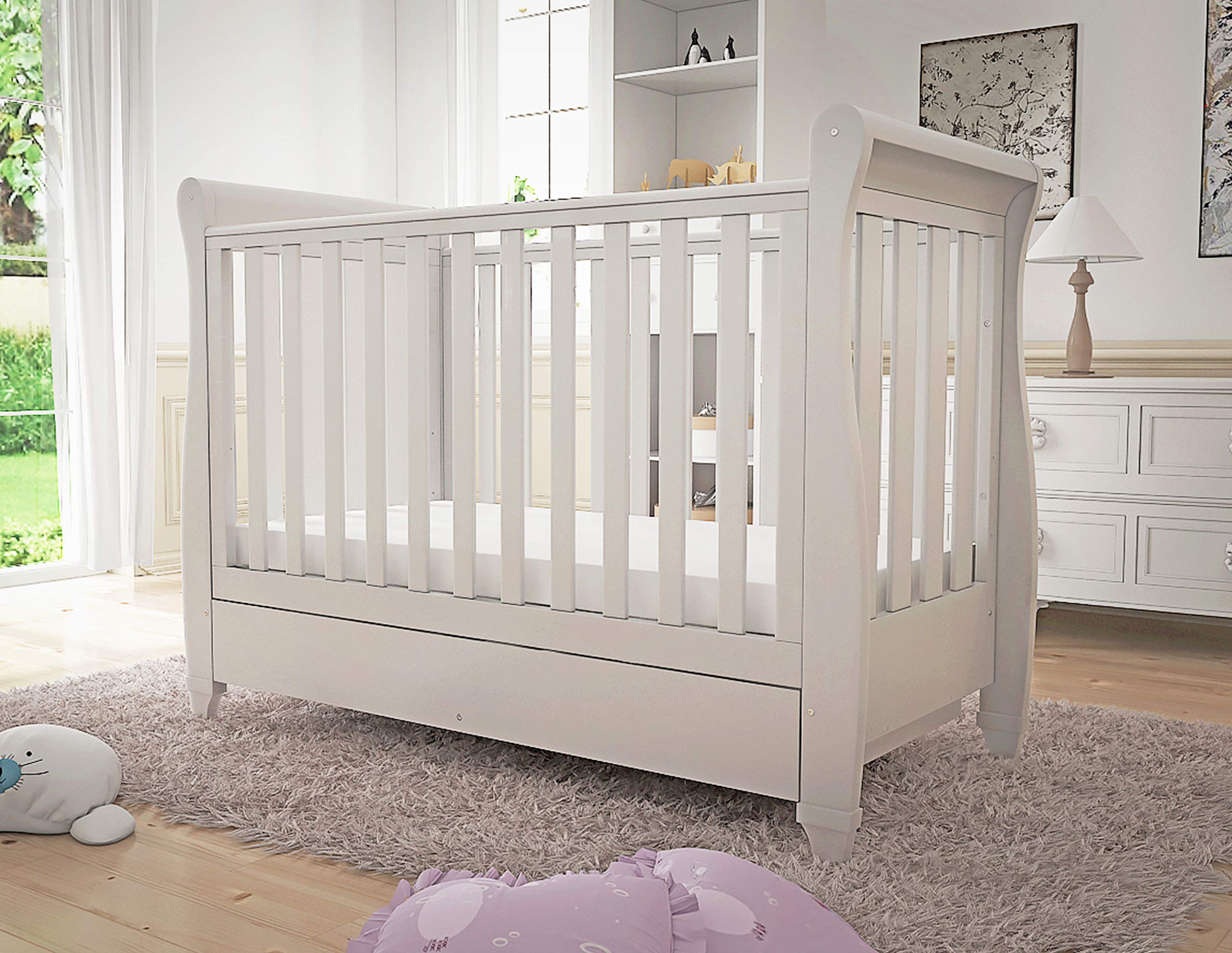 Buy Babymore Eva Sleigh Cot Bed Drop Side with Drawer Solid Pine Wood