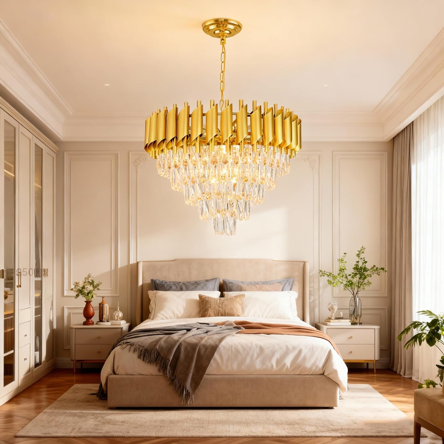 Modern Gold Crystal Chandelier Round Hanging 12-Light E12 Base Elegant Pendant Lighting for Foyer Bedroom Dining Room Kitchen Island 60CM